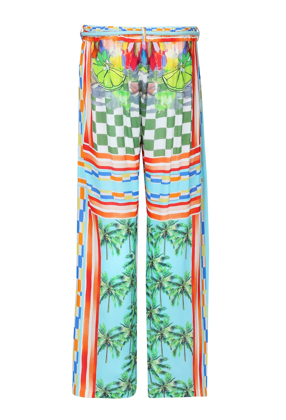 Front view of the Green, Yellow and Orange Lucciano Lucy Pants (TheSwankStore) Soft Viscose fabric
