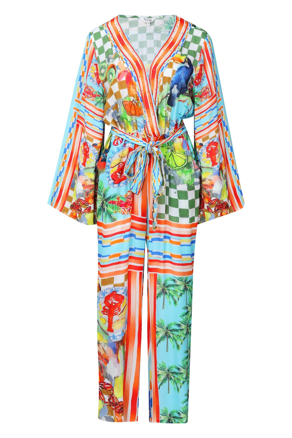 Front view of the Green, Yellow and Orange Lucciano Luxe Jumpsuit (TheSwankStore) Soft Viscose fabric