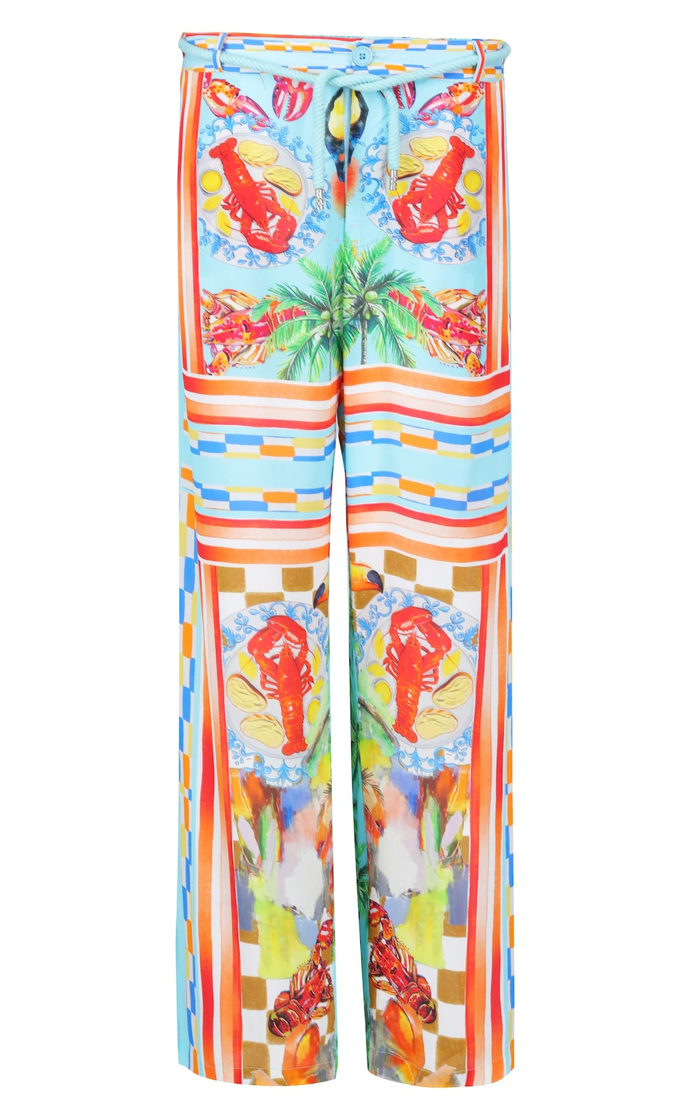 Front view of the Green, Yellow and Orange Lucciano Lucy Pants (TheSwankStore) Soft Viscose fabric