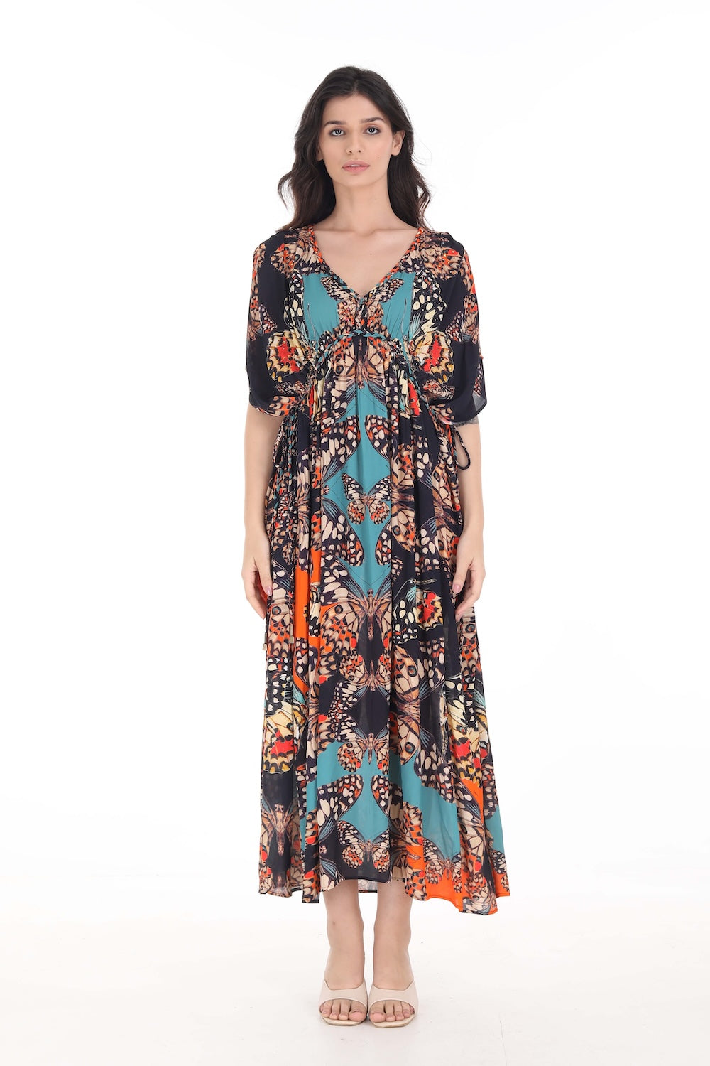 Front view of the Orange, White & Black Corasone Long Kaftan (TheSwankStore) Soft Viscose fabric