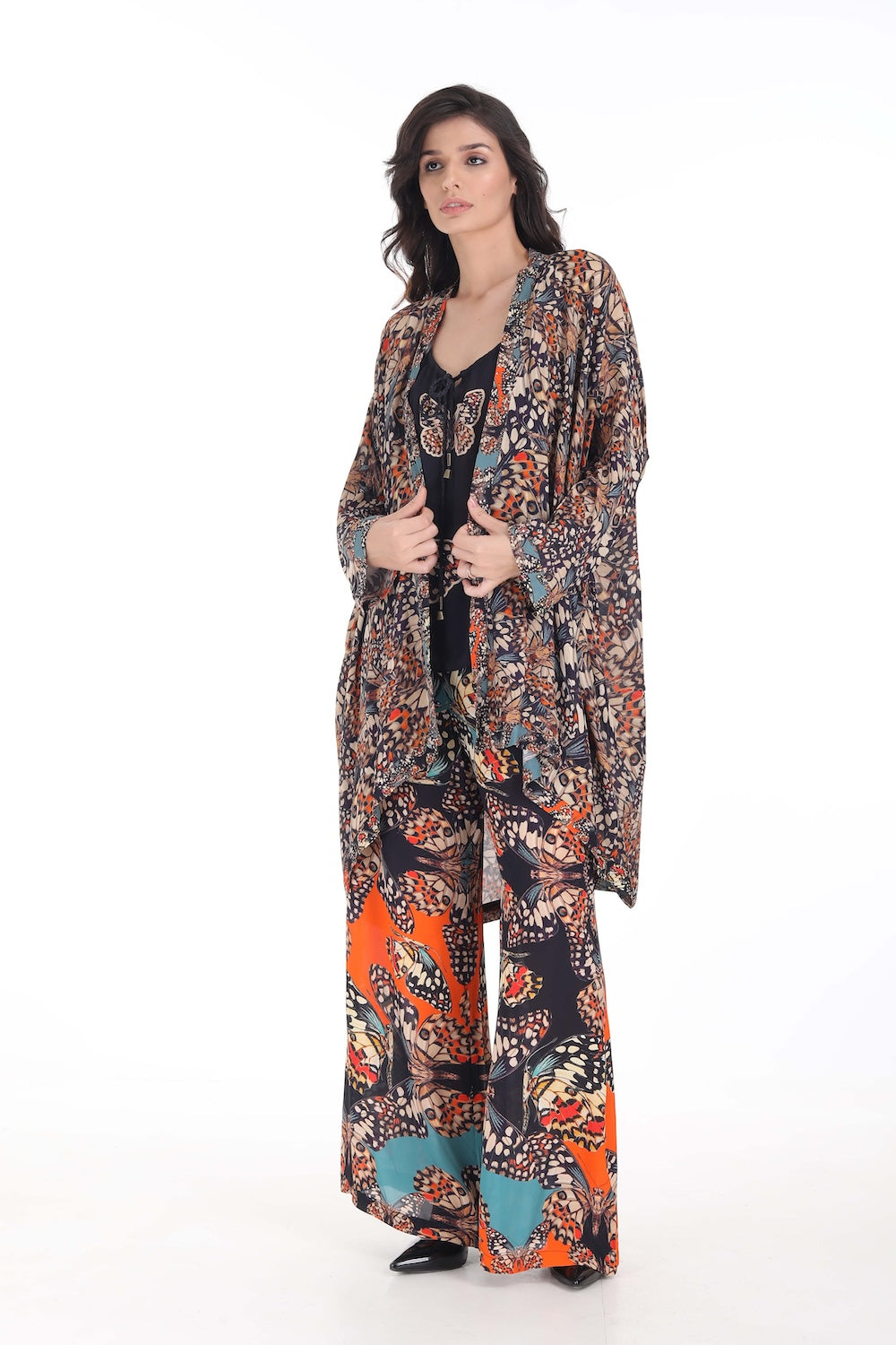 Front view of the Orange, White & Black Corasone Kimono Shrug (Short) (TheSwankStore) Soft Viscose fabric