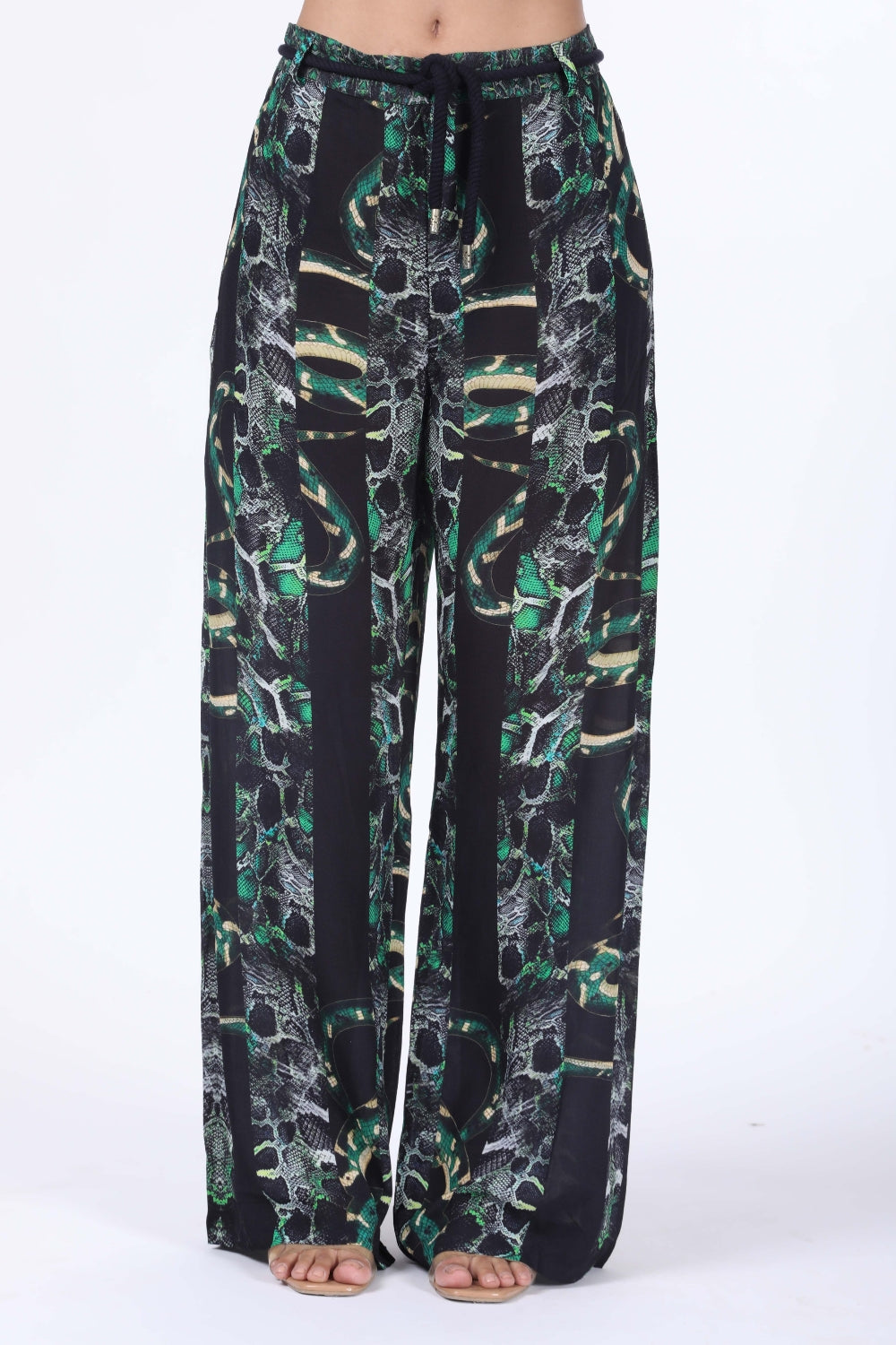 Front view of the Green, White & Black Seraphin Lucy Pants (TheSwankStore) Soft Viscose fabric