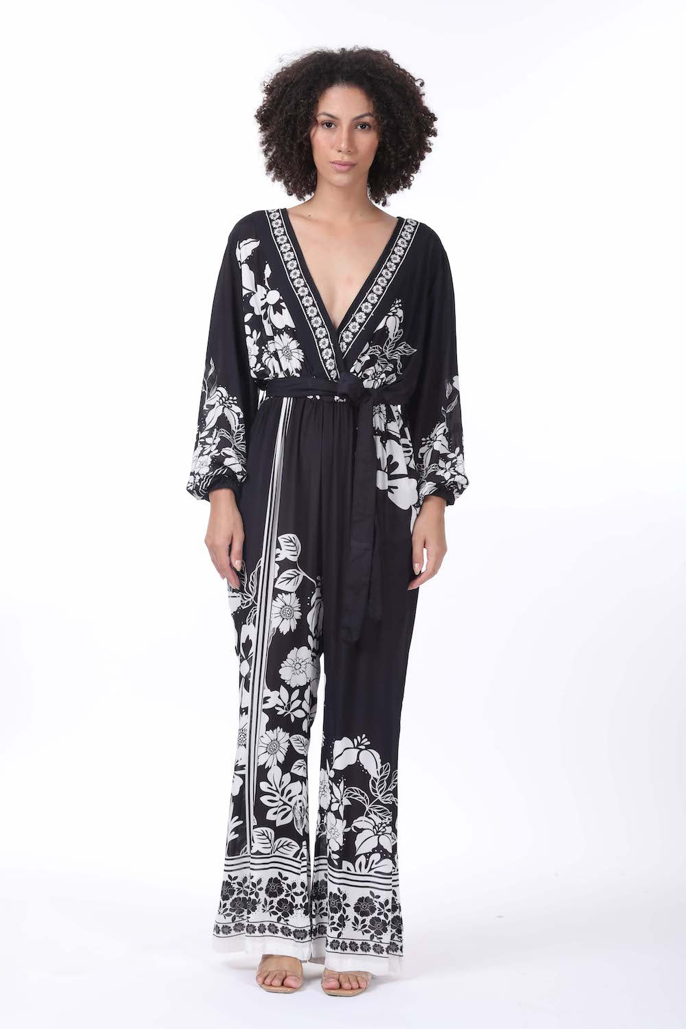 Front view of the black and white Avanti Luxe Jumpsuit (TheSwankStore) Viscose fabric