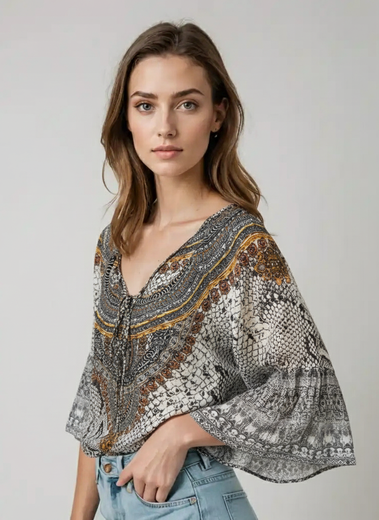 Close-up of the Bondi Resortwear The White Snake Boho Top highlighting its detailed pattern and refined summer texture