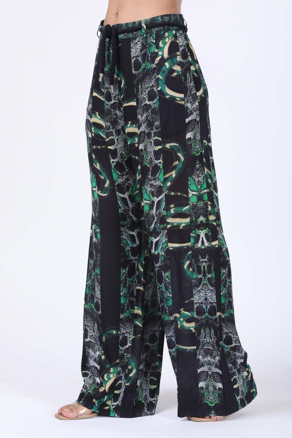 Side view of the Green, White & Black Seraphin Lucy Pants (TheSwankStore) Soft Viscose fabric