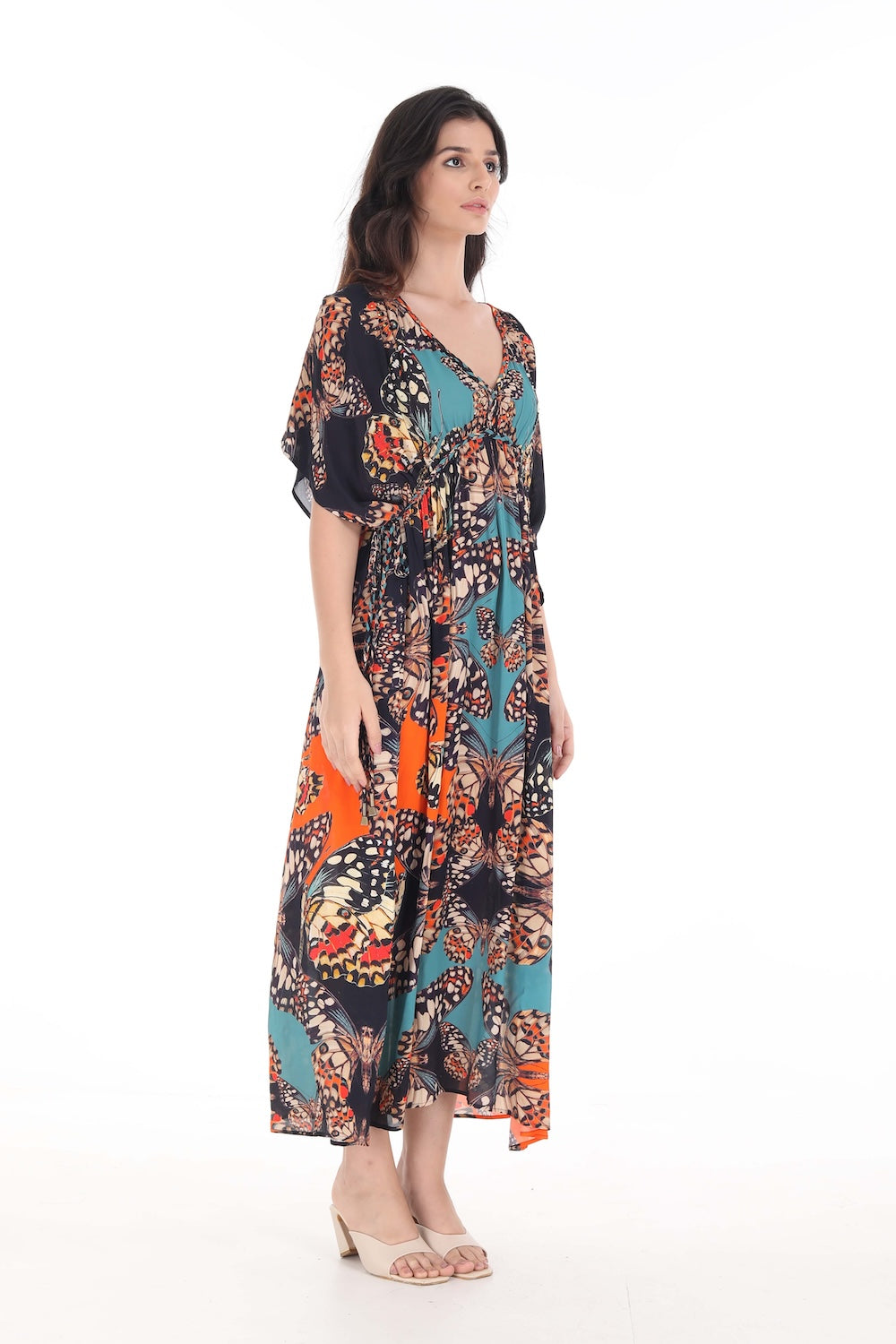 Side view of the Orange, White & Black Corasone Long Kaftan (TheSwankStore) Soft Viscose fabric