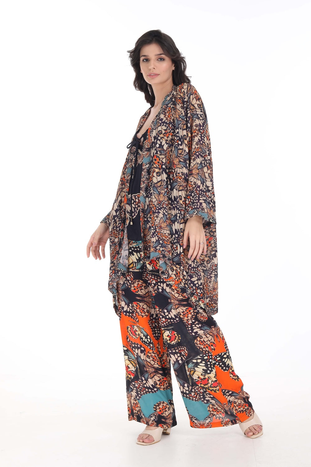 Side view of the Orange, White & Black Corasone Kimono Shrug (Short) (TheSwankStore) Soft Viscose fabric