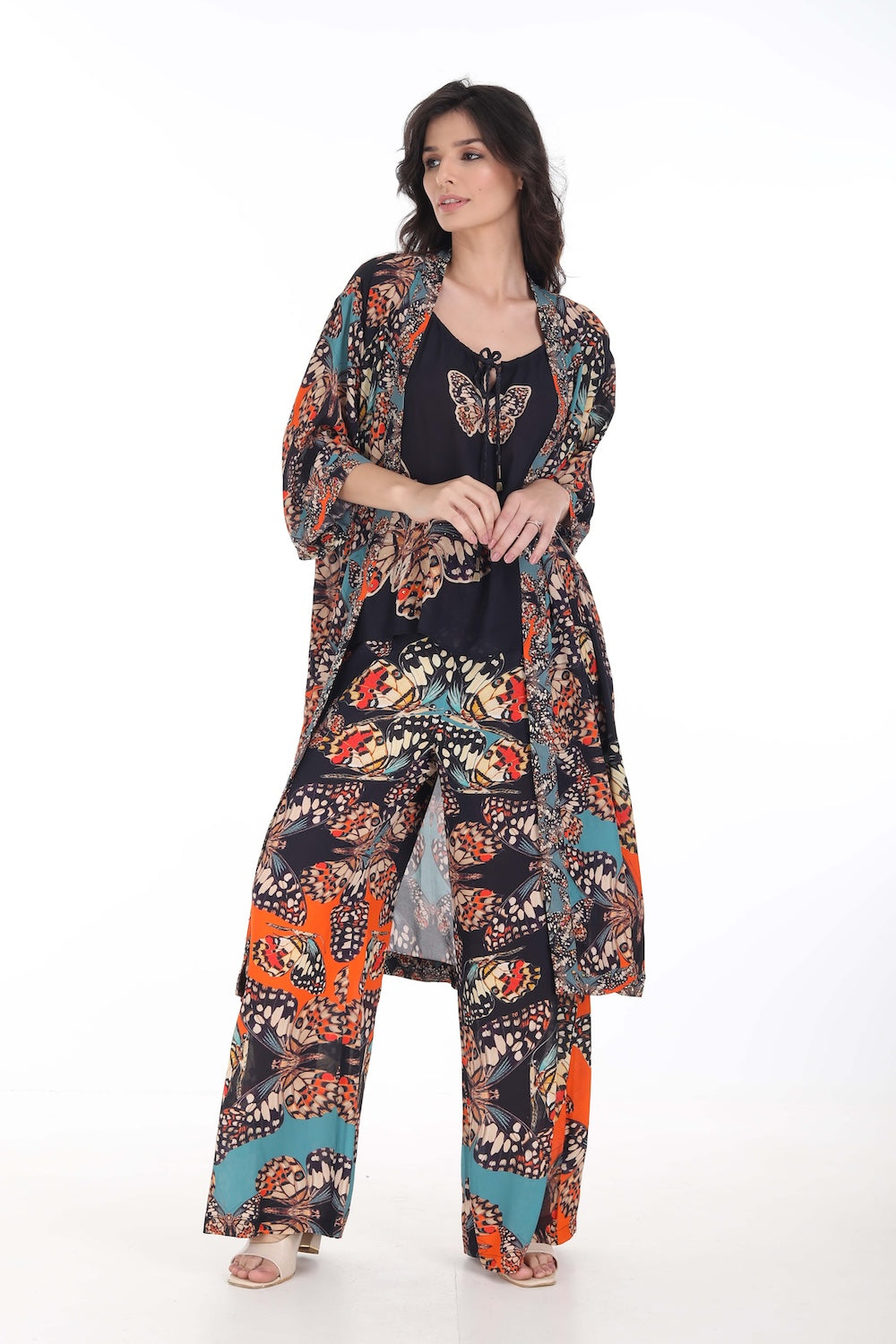 Front view of the Orange, White & Black Corasone Kimono Shrug (Long) (TheSwankStore) Soft Viscose fabric