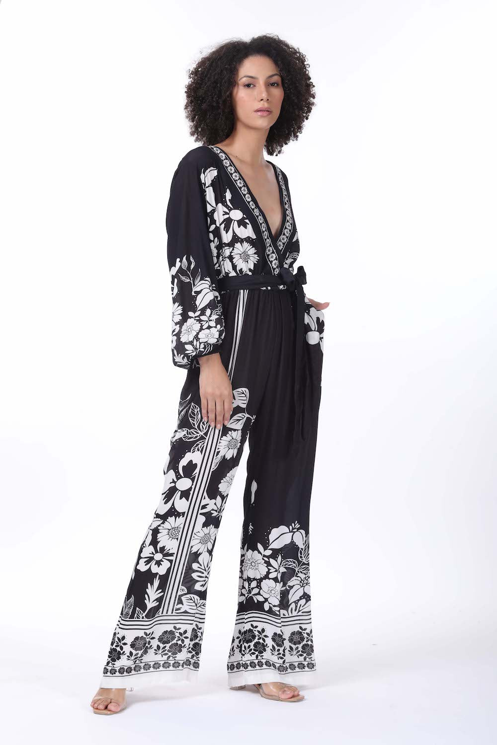 Front view of the black and white Avanti Luxe Jumpsuit (TheSwankStore) Viscose fabric