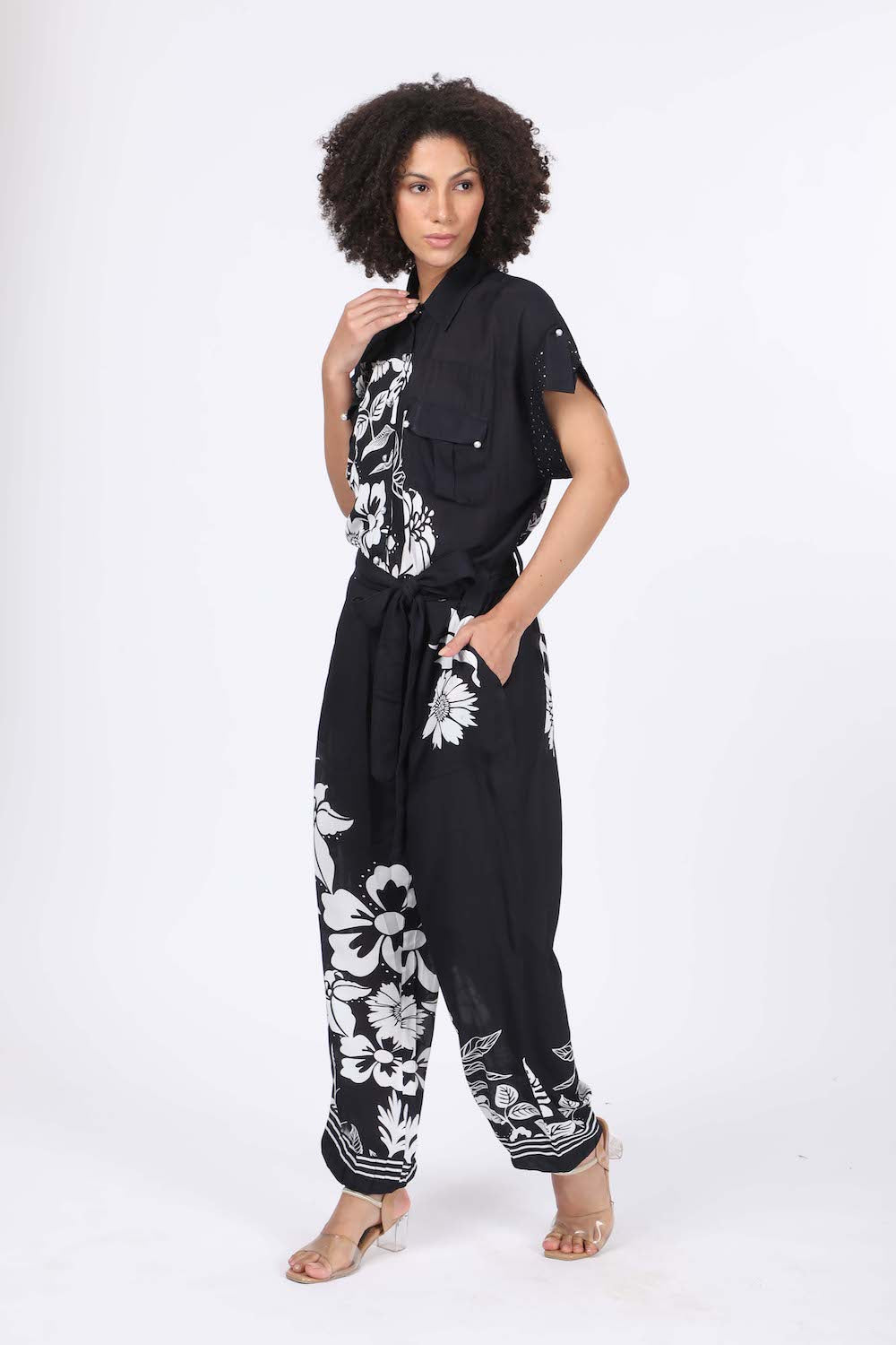 Front view of the black and white Avanti Lena Jumpsuit (TheSwankStore with Viscose fabric