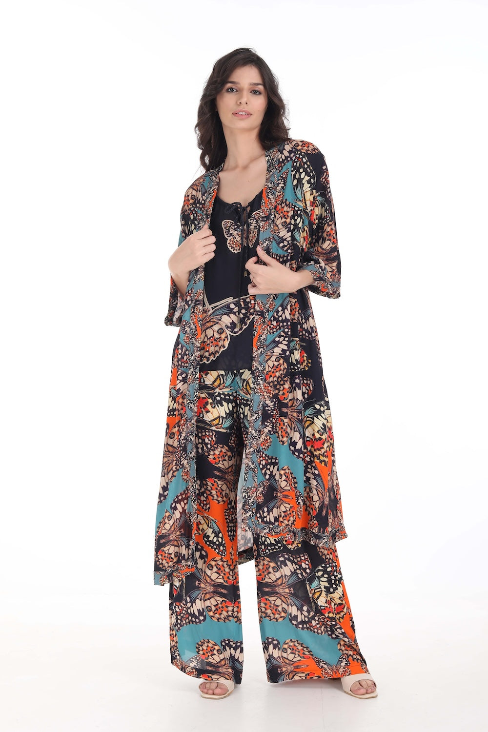 Front view of the Orange, White & Black Corasone Kimono Shrug (Long) (TheSwankStore) Soft Viscose fabric