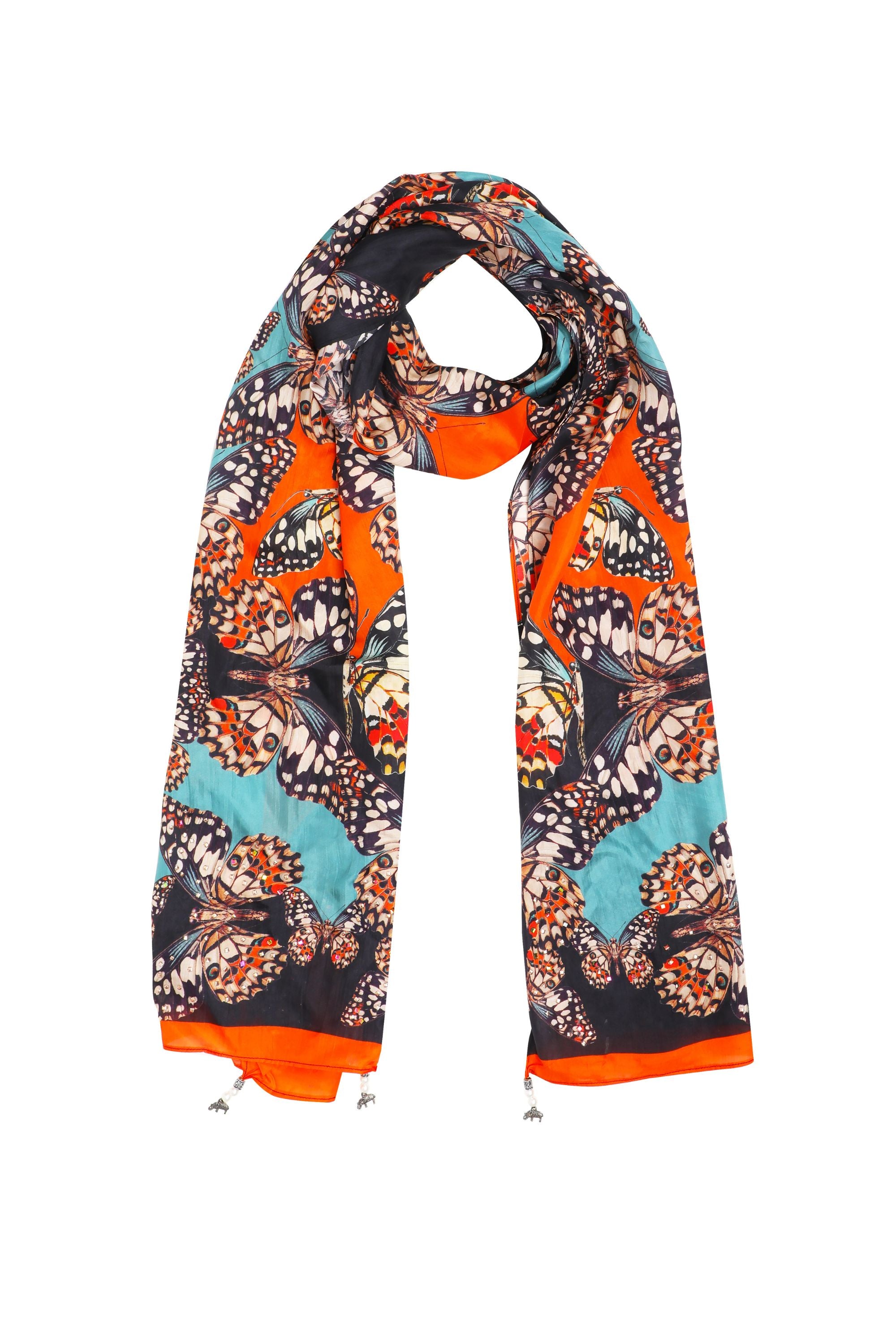 Orange, White & Black Corasone Silk Scarf (TheSwankStore) Soft Viscose fabric