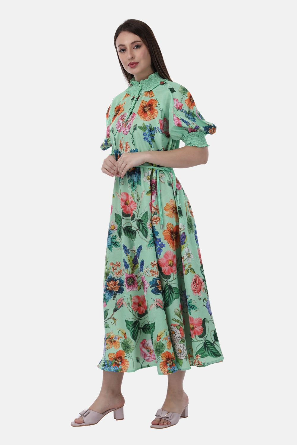 Model wearing the Bondi Resortwear Amour Gardenia Alka Dress for a feminine Australian summer resort wear look