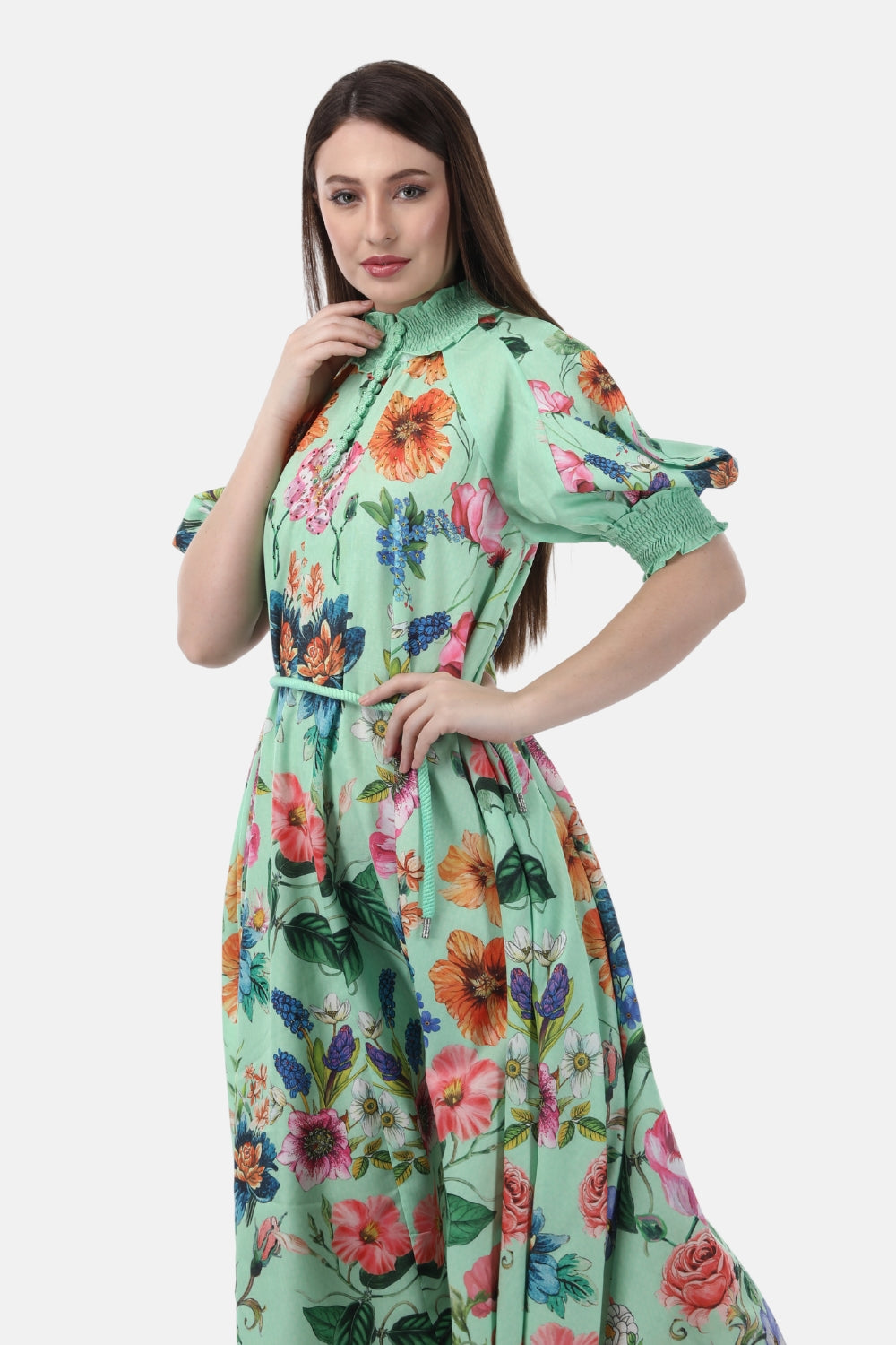 Close-up of the Bondi Resortwear Amour Gardenia Alka Dress showcasing its vibrant prints and coastal charm