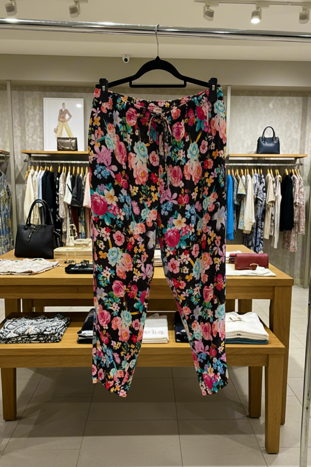 Bondi Resortwear Florina Noir Slouch Trousers displayed on a hanger showcasing their relaxed fit and refined summer charm