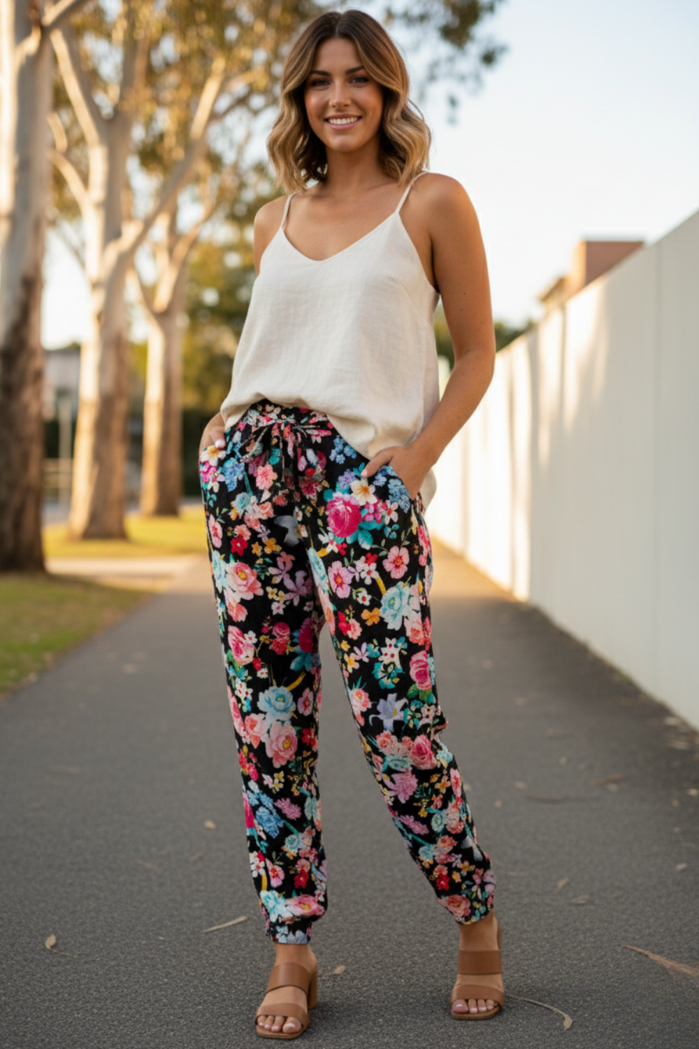 Model wearing the Bondi Resortwear Florina Noir Slouch Trousers styled as elegant coastal resort wear in Australia