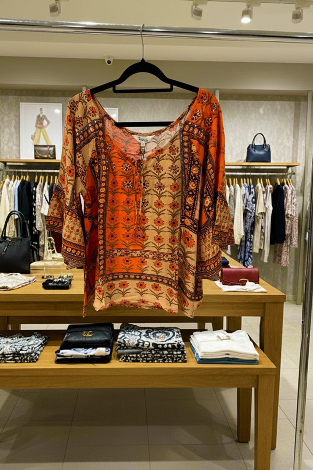 Bondi Resortwear Mahagony Boho Top displayed on a hanger showcasing its vibrant prints and relaxed boho charm