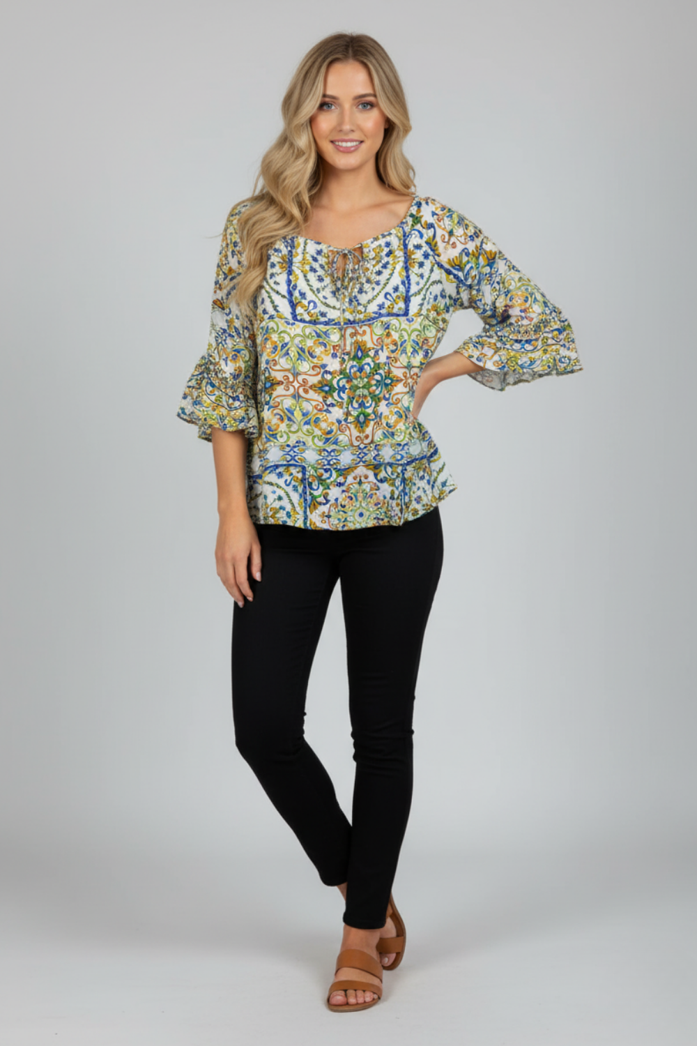 Front view of the Bondi Resortwear Primavera Boho Top styled as elegant coastal resort wear in Australia