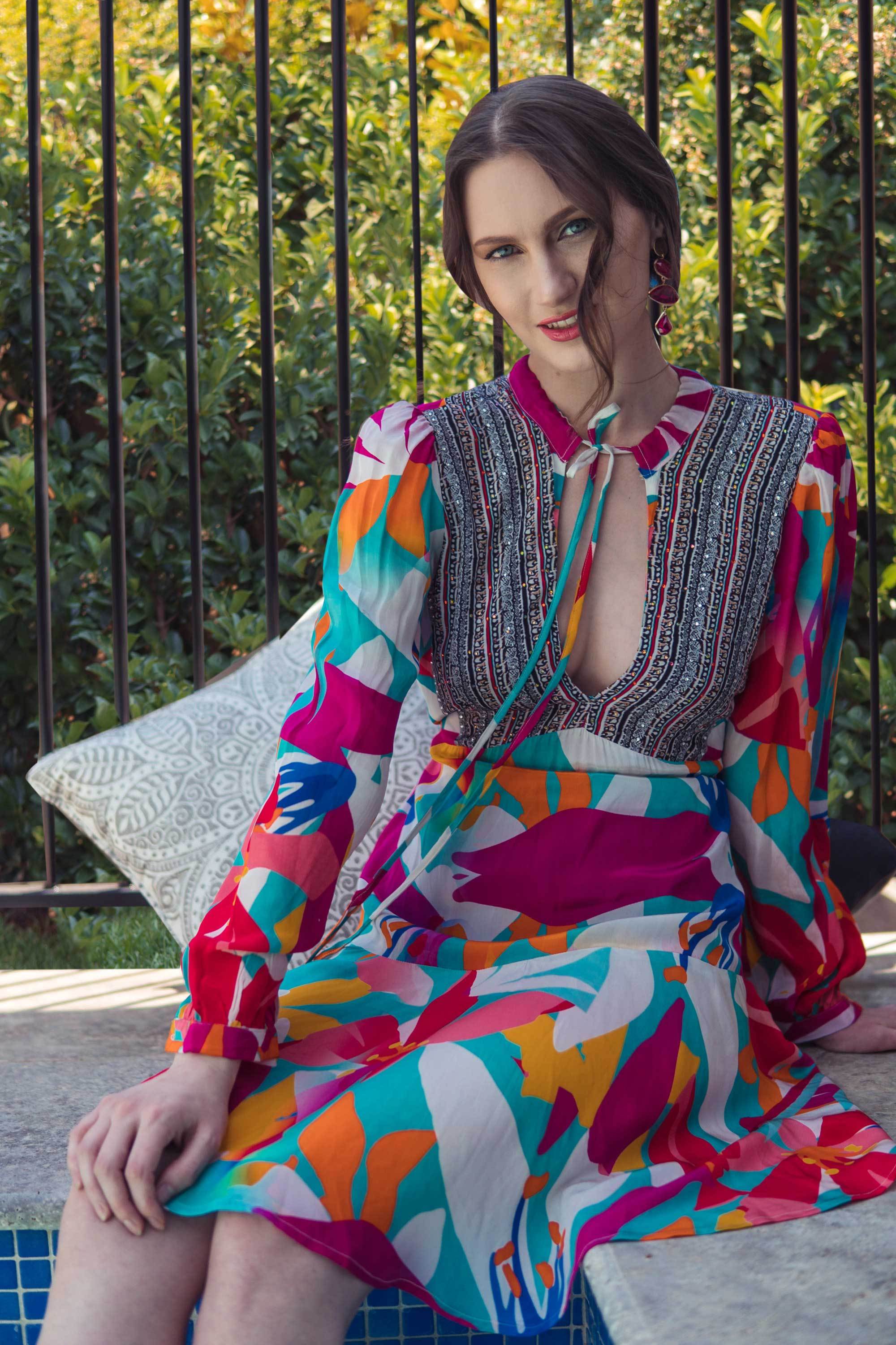 KALEIDOSCOPE - Boho Mini Dress With Bell Sleeve - TheSwankStore