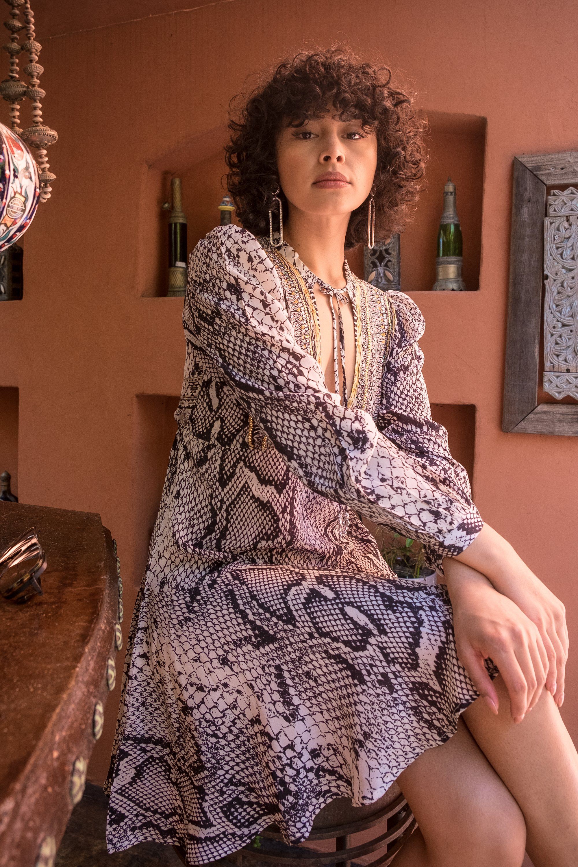 THE WHITESNAKE - Boho Mini Dress With Bell Sleeve - TheSwankStore