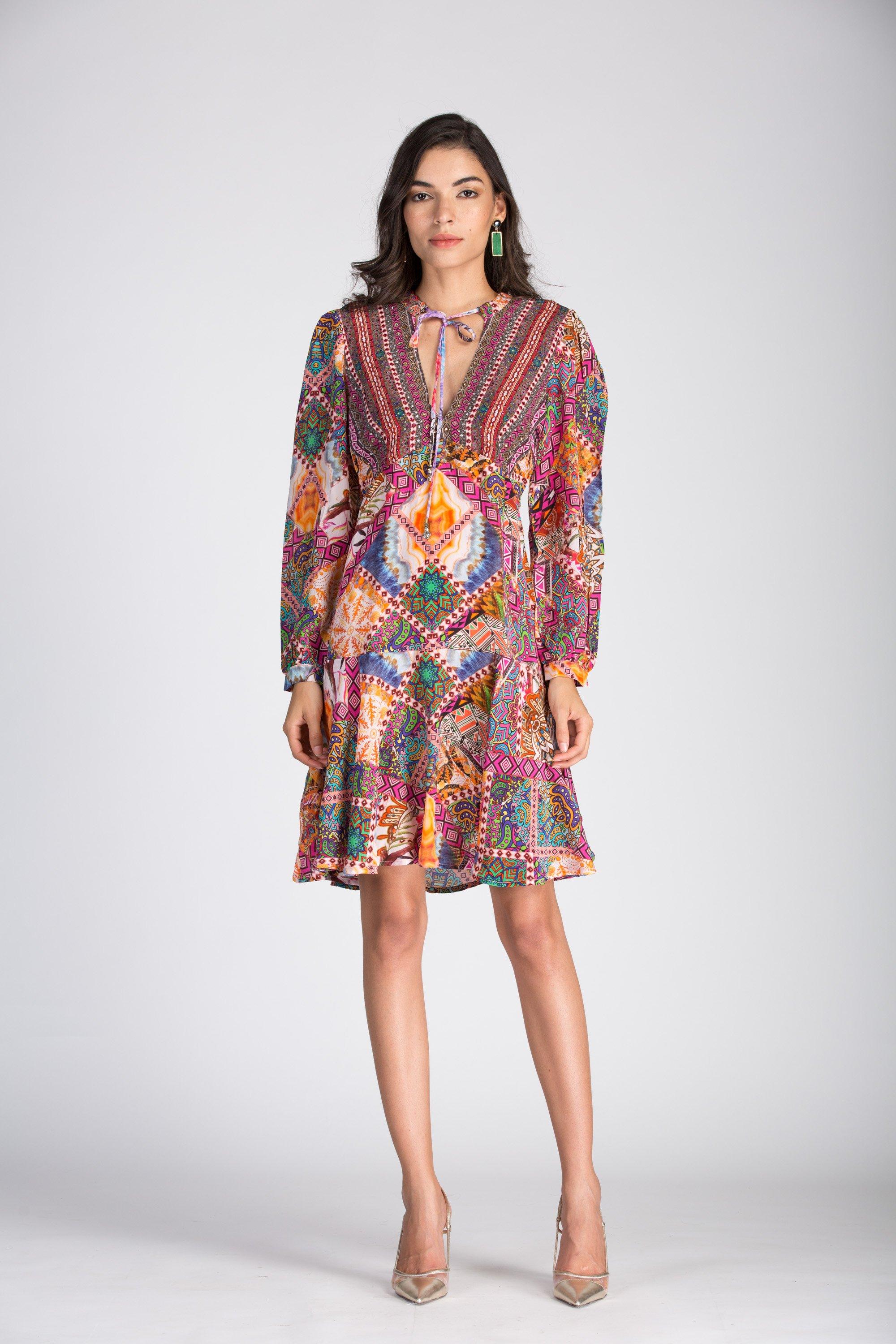 TUNISIA - Boho Mini Dress With Bell Sleeve - TheSwankStore
