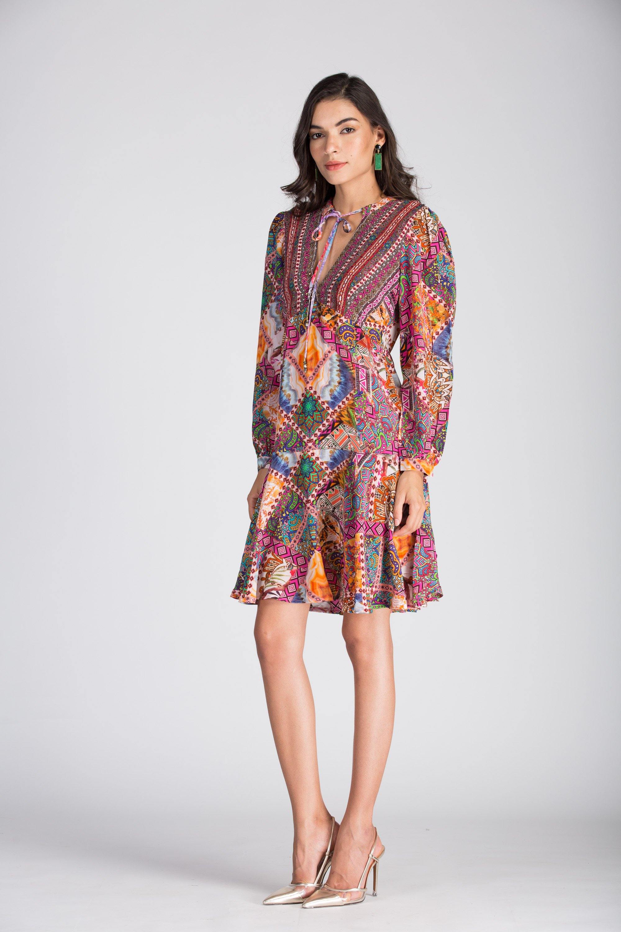 TUNISIA - Boho Mini Dress With Bell Sleeve - TheSwankStore