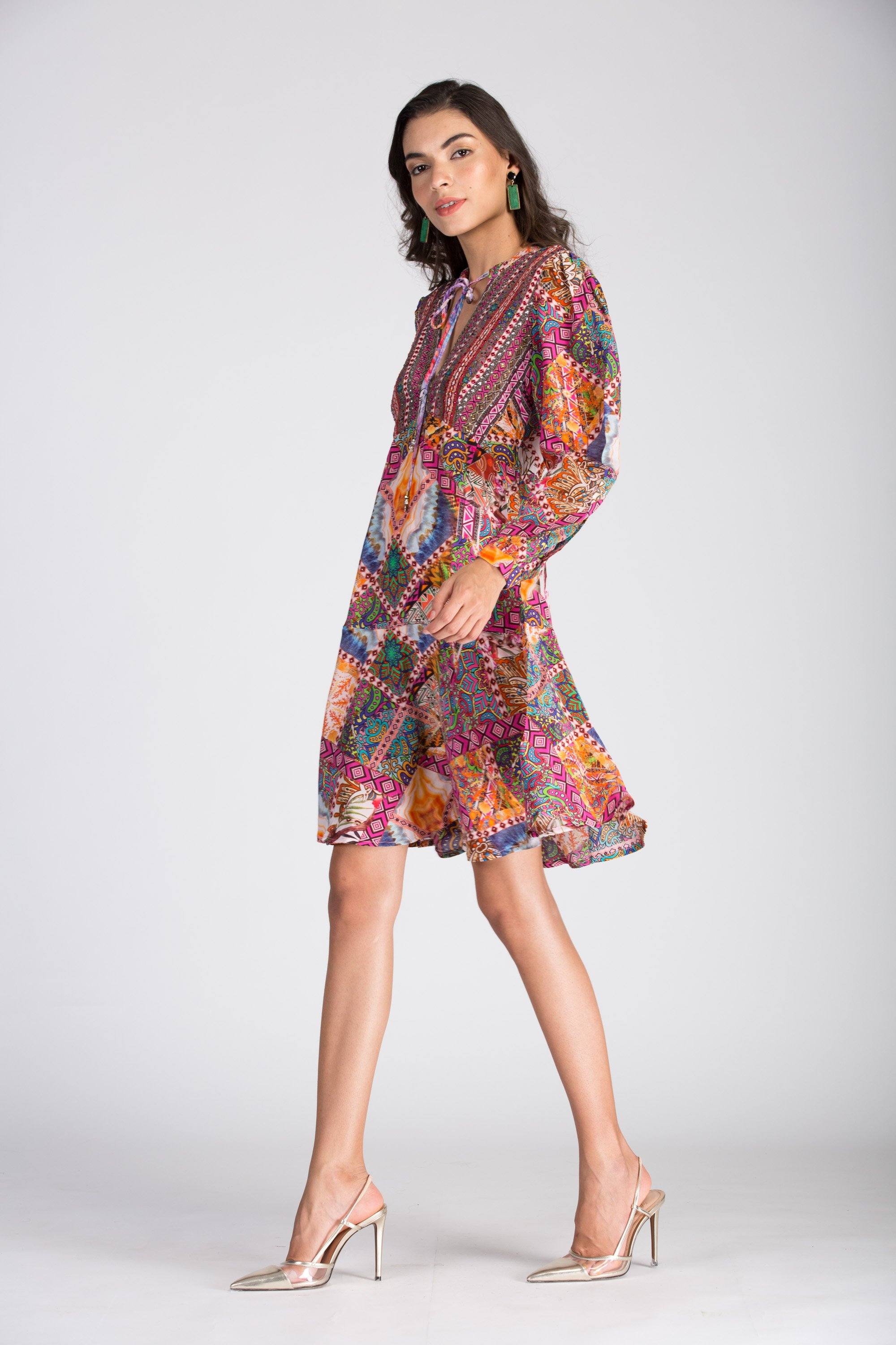 TUNISIA - Boho Mini Dress With Bell Sleeve - TheSwankStore