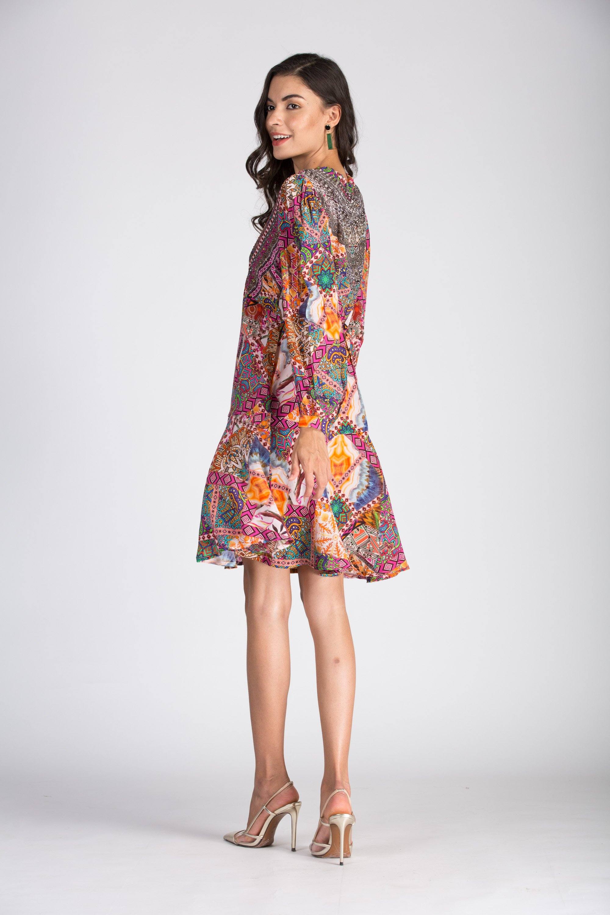 TUNISIA - Boho Mini Dress With Bell Sleeve - TheSwankStore