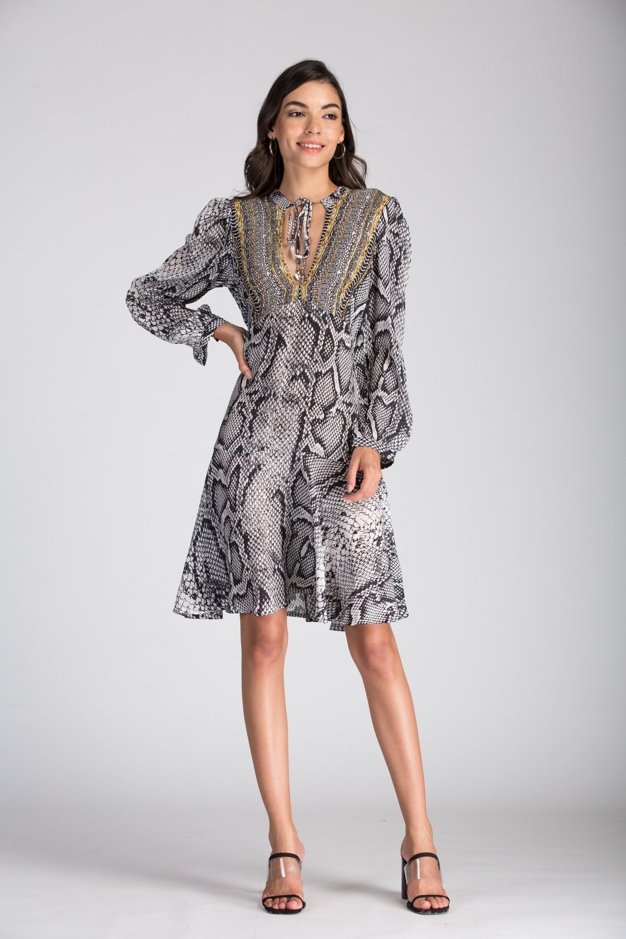 THE WHITESNAKE - Boho Mini Dress With Bell Sleeve - TheSwankStore