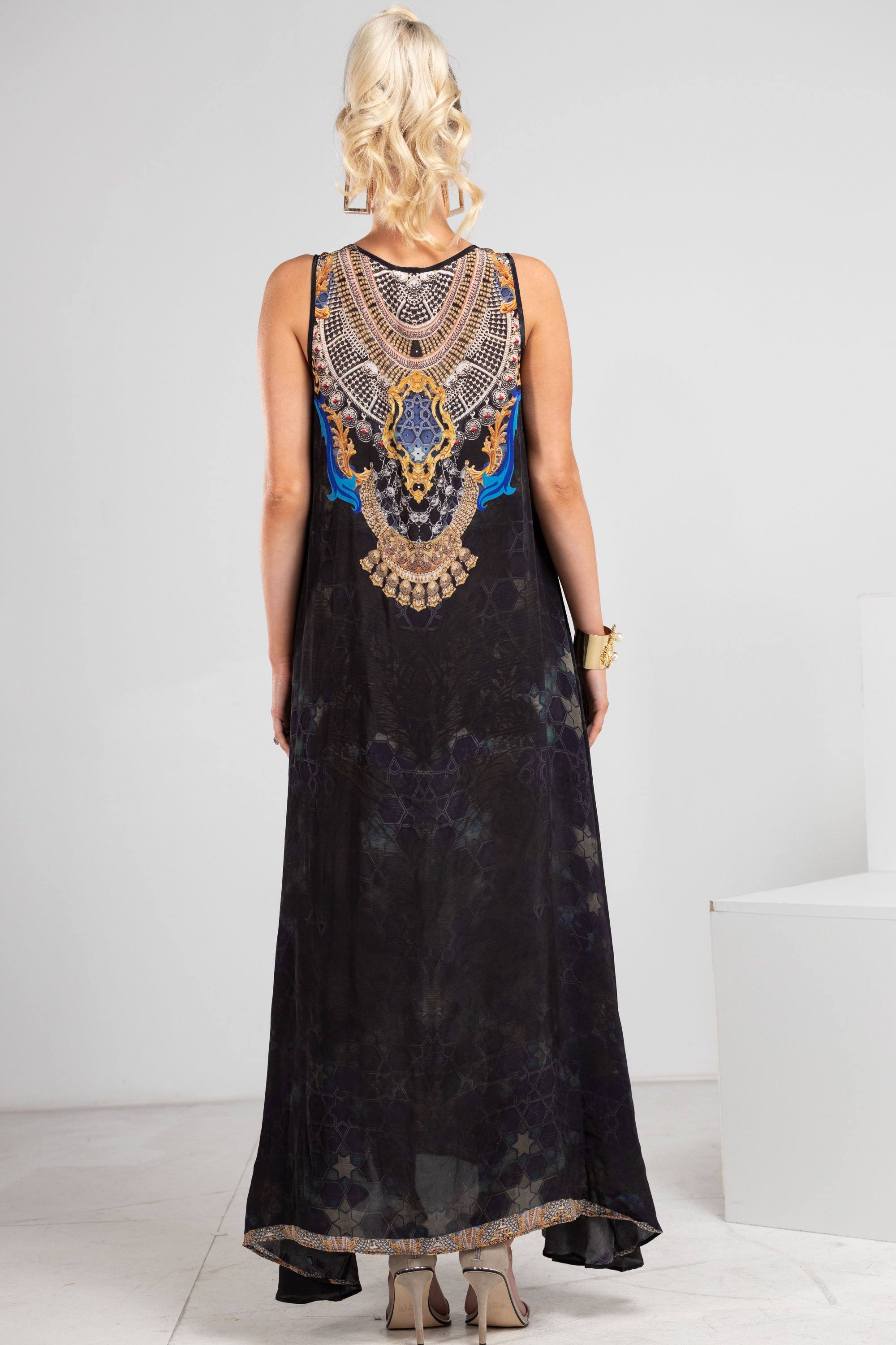 Midnight in Paris Maxi Dress photographed in gentle coastal light for a premium resort fashion feel