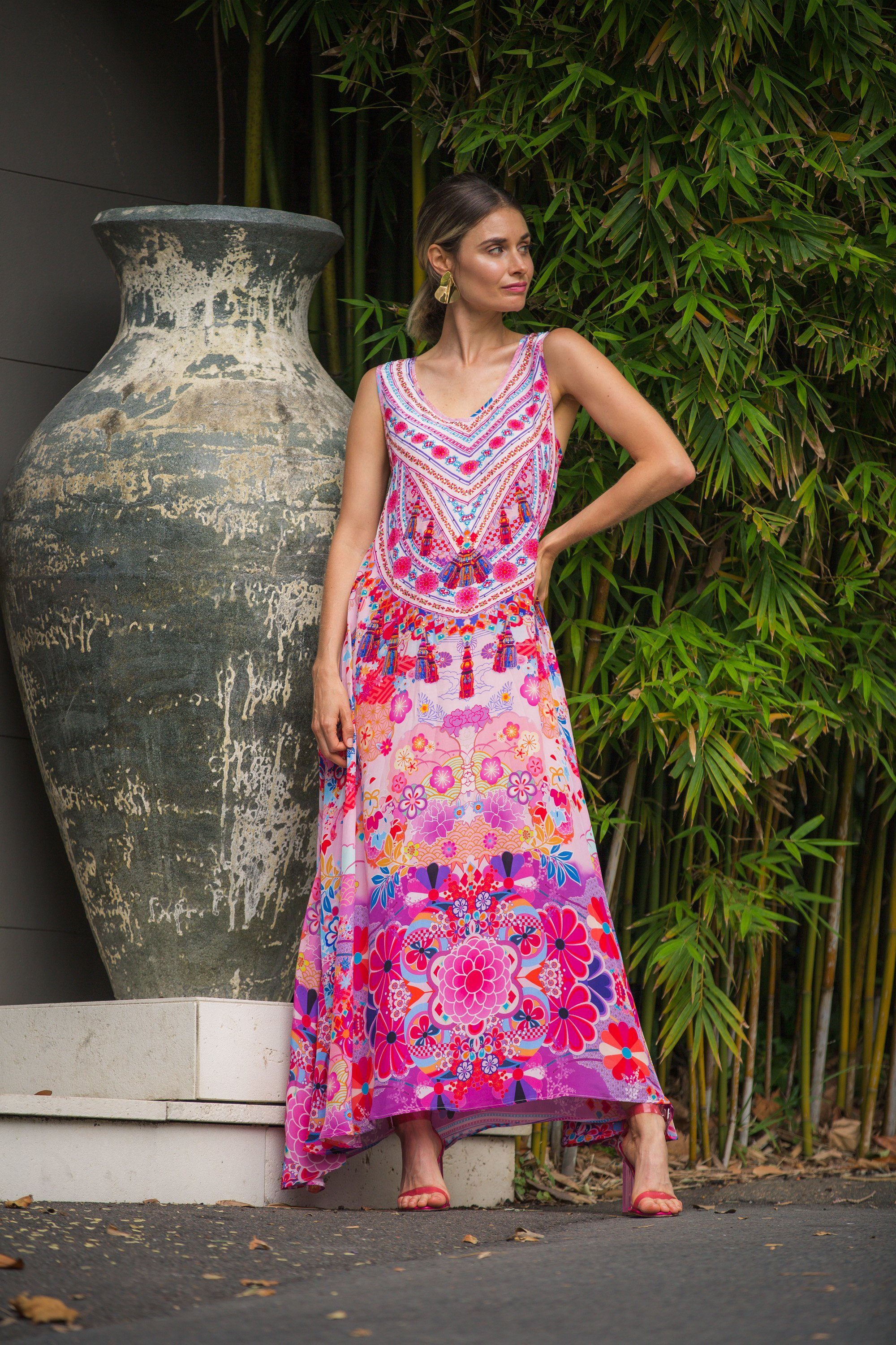 Bondi Resortwear Cherry Blossom Flowing Maxi Dress presented as a radiant summer resort wear outfit in Australia