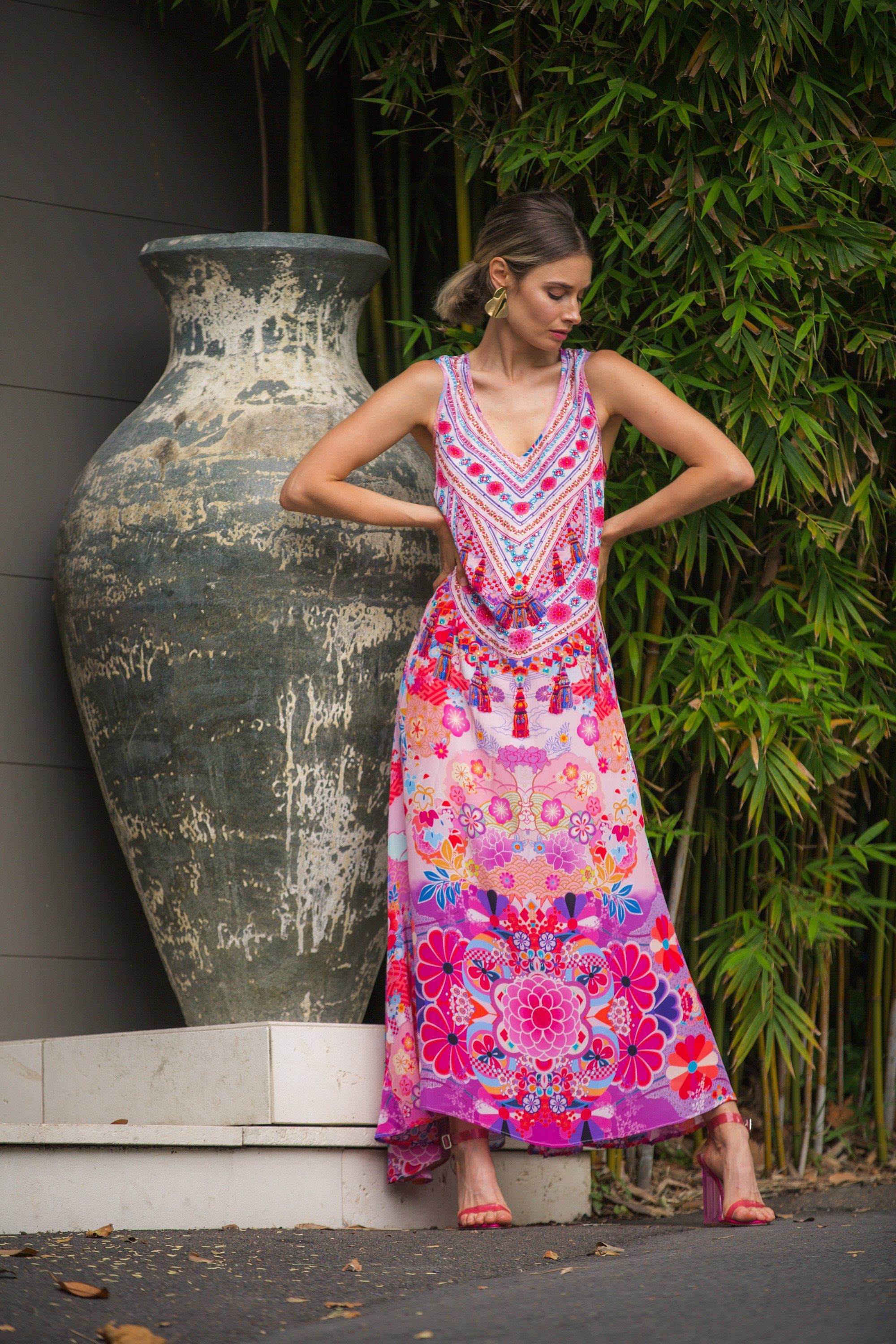 Cherry Blossom Maxi Dress front angle highlighting Bondi Resortwear’s signature luxury coastal style