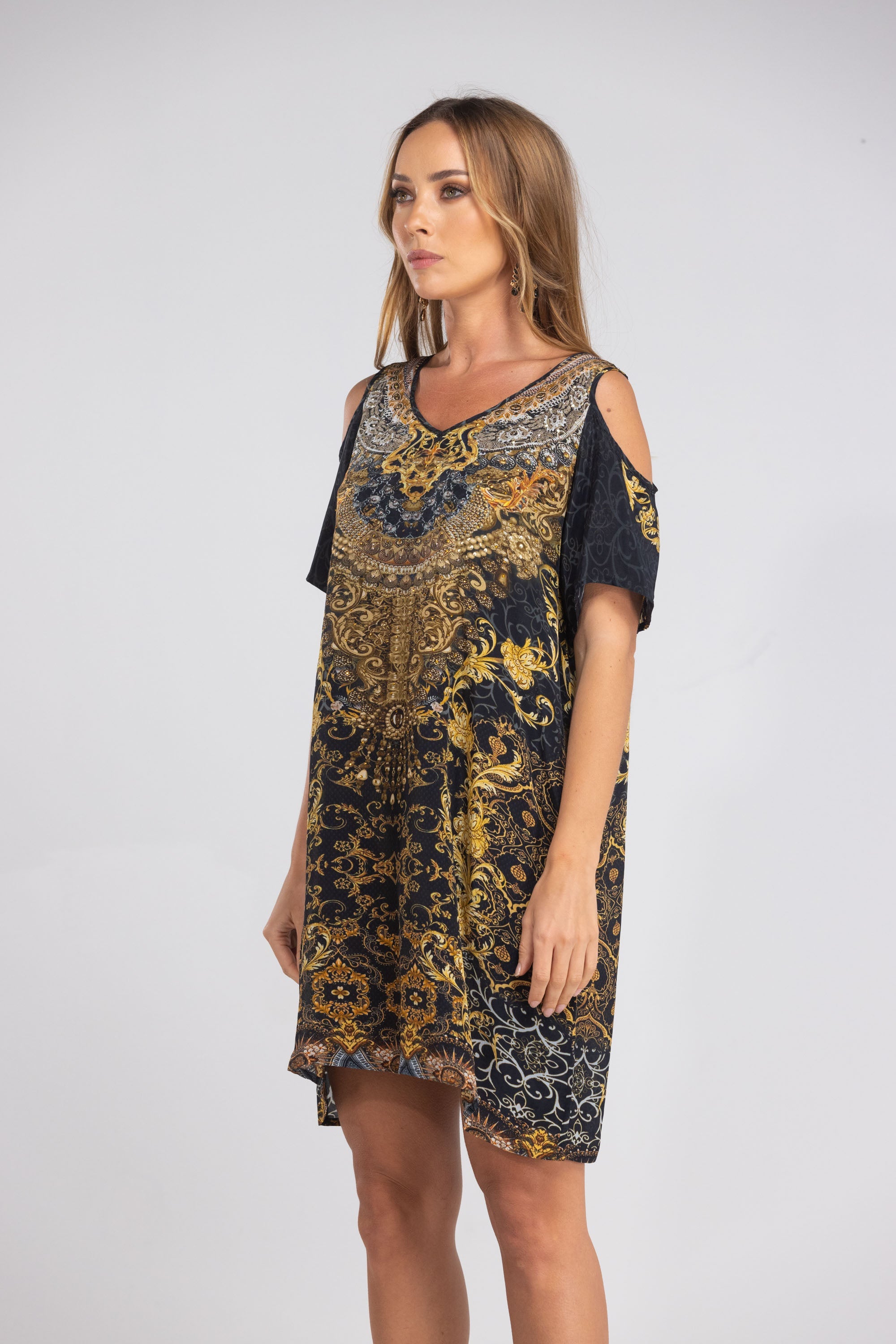 VALLETTA - COLD SHOULDER V-NECK DRESS - TheSwankStore