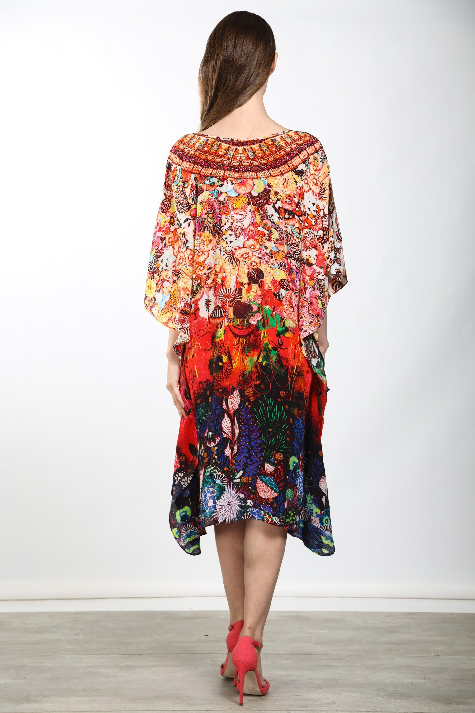 Back view of the Bronze, Blue, Red & Purple Corralle Short Kaftan (TheSwankStore) Soft Viscose fabric