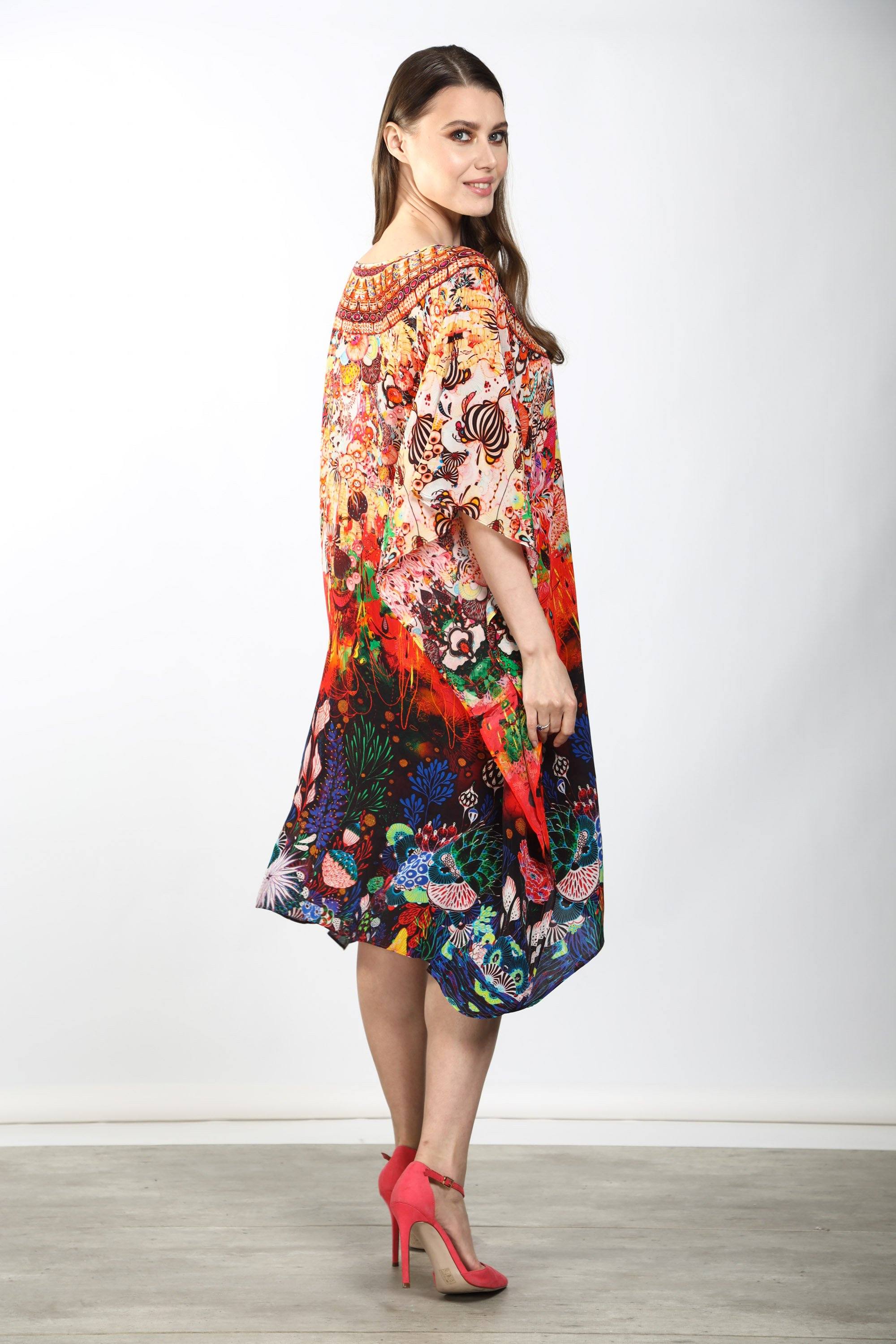 Side view of the Bronze, Blue, Red & Purple Corralle Short Kaftan (TheSwankStore) Soft Viscose fabric