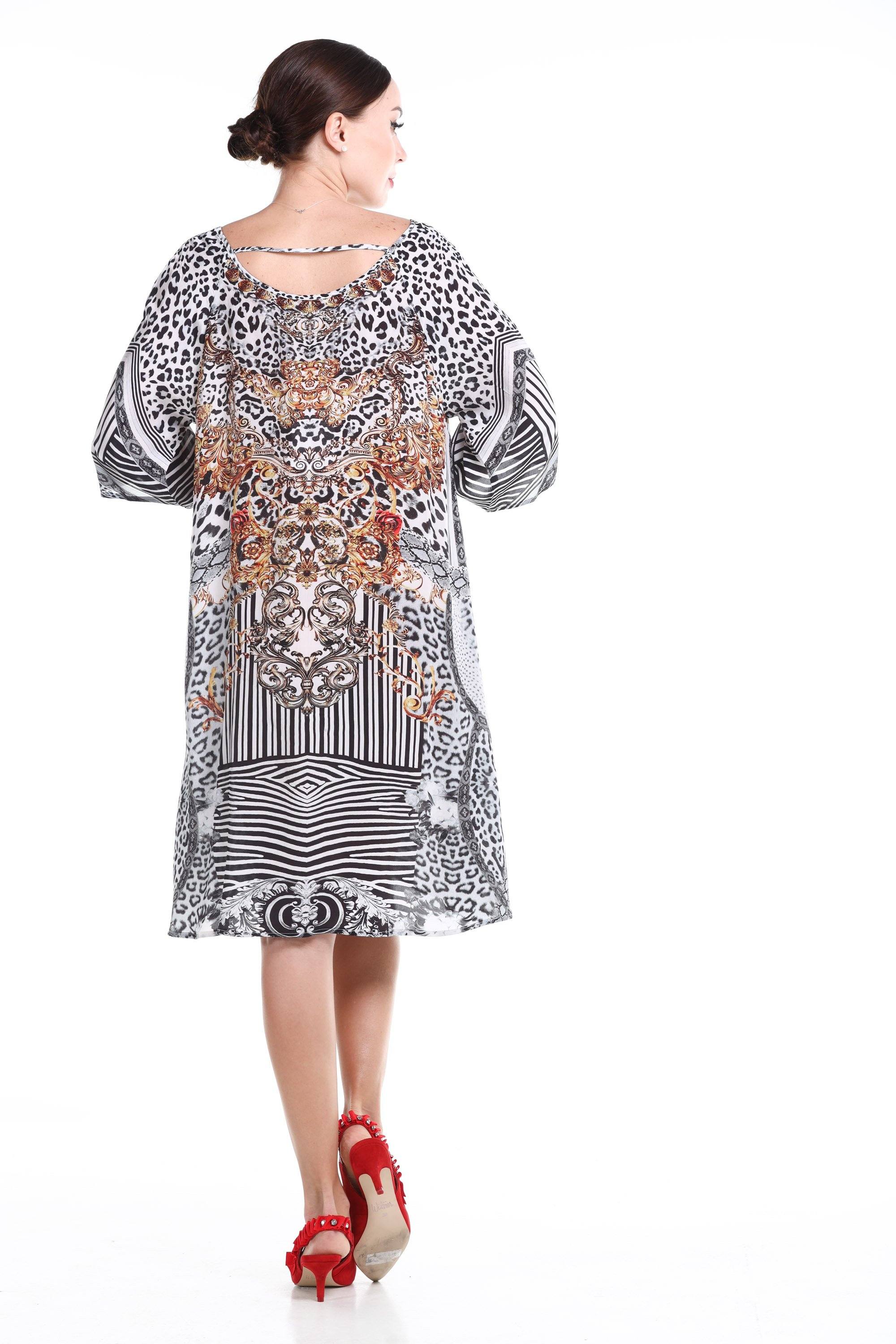 Black view of the Black, White & Orange Zaffari Slit Sleeve Dress (TheSwankStore) Soft Viscose fabric