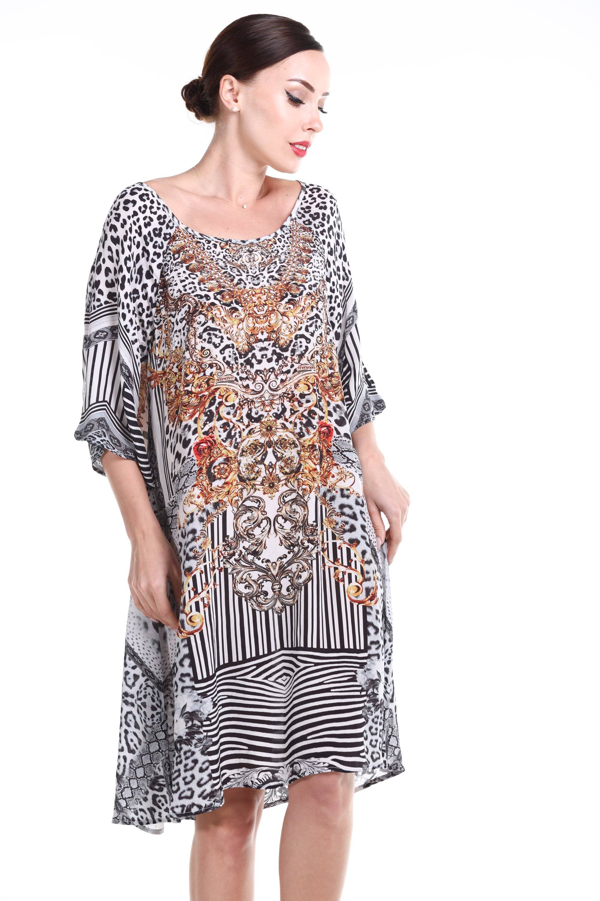 Front view of the Black, White & Orange Zaffari Slit Sleeve Dress (TheSwankStore) Soft Viscose fabric