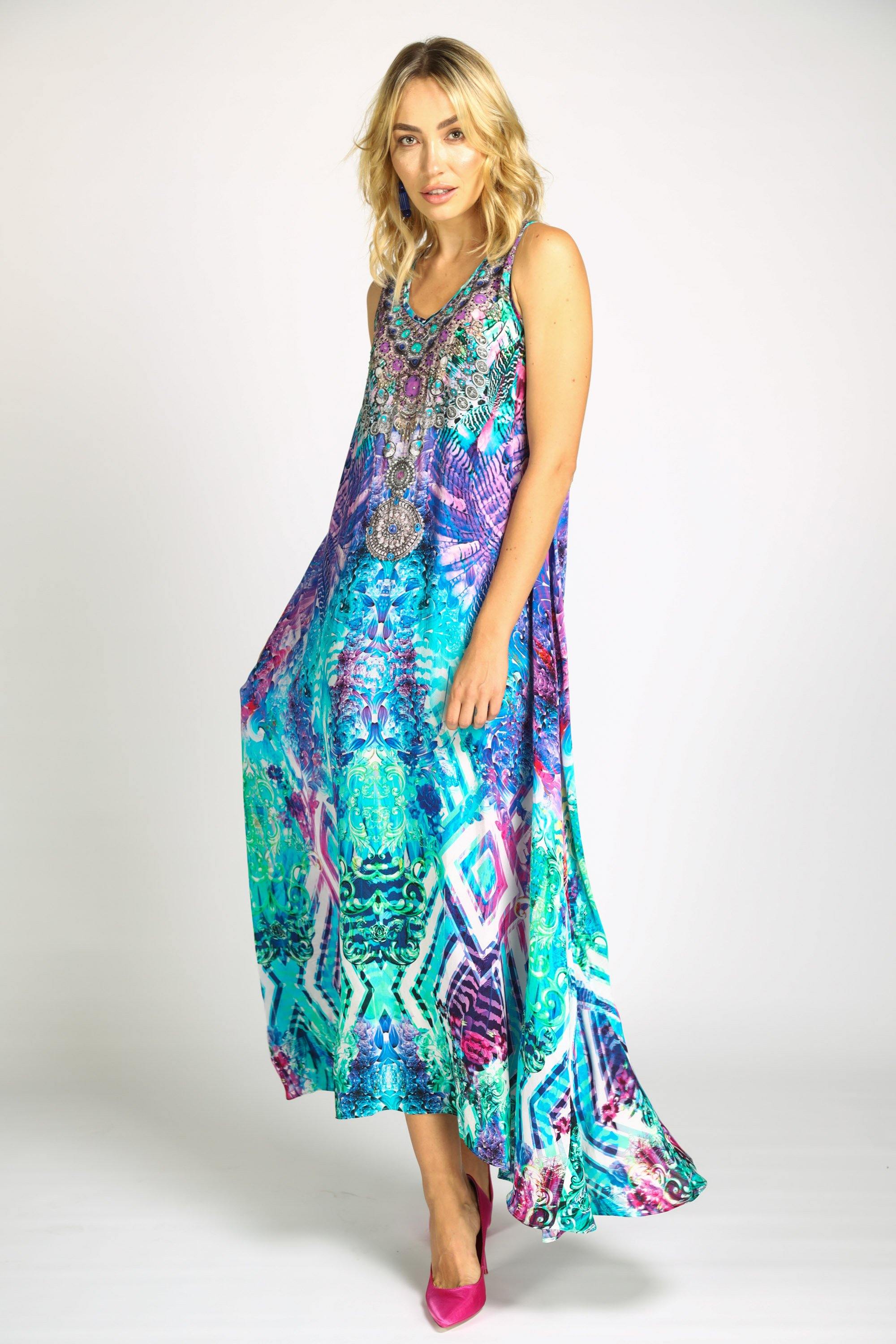 Zaffari Maxi Dress mid-shot showing its vibrant coastal colour palette for Australian summer
