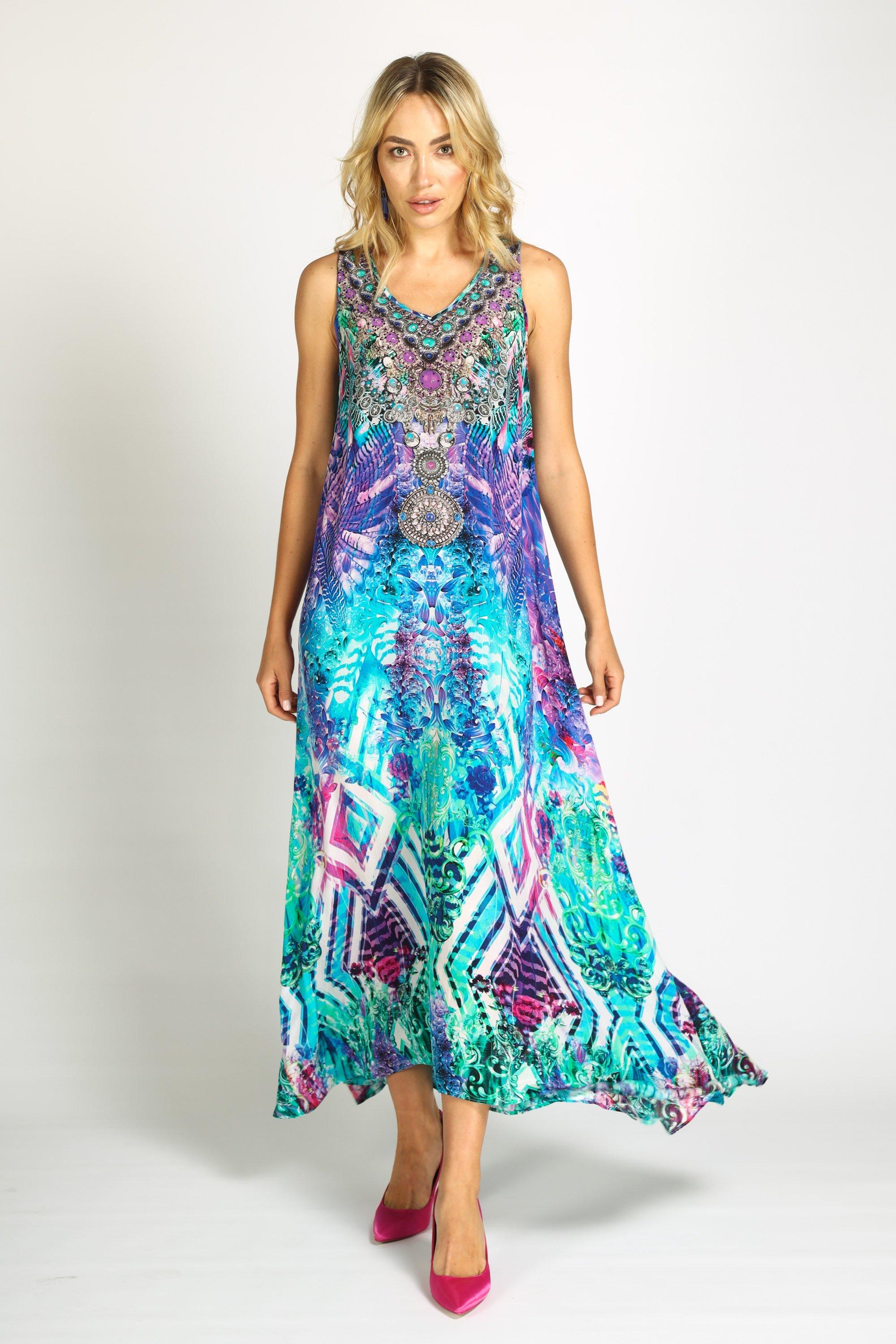 Close neckline view of the Bondi Resortwear Zaffari Maxi Dress displaying detailed embellishment