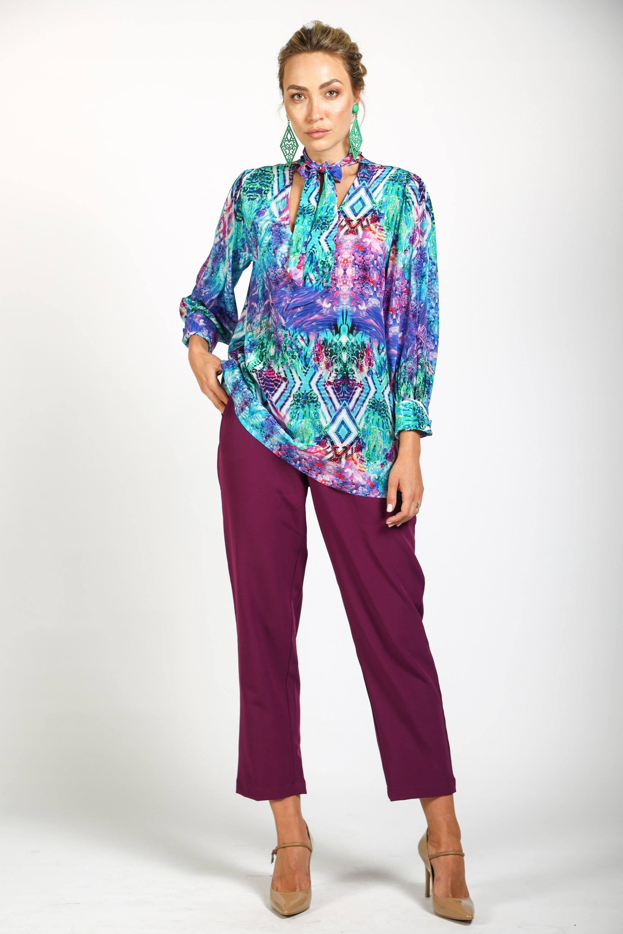 Front view of the Blue, White, Purple & Black, Red Indigo Summer Boheme Shirt With Neck Tie (TheSwankStore) Soft Viscose fabric