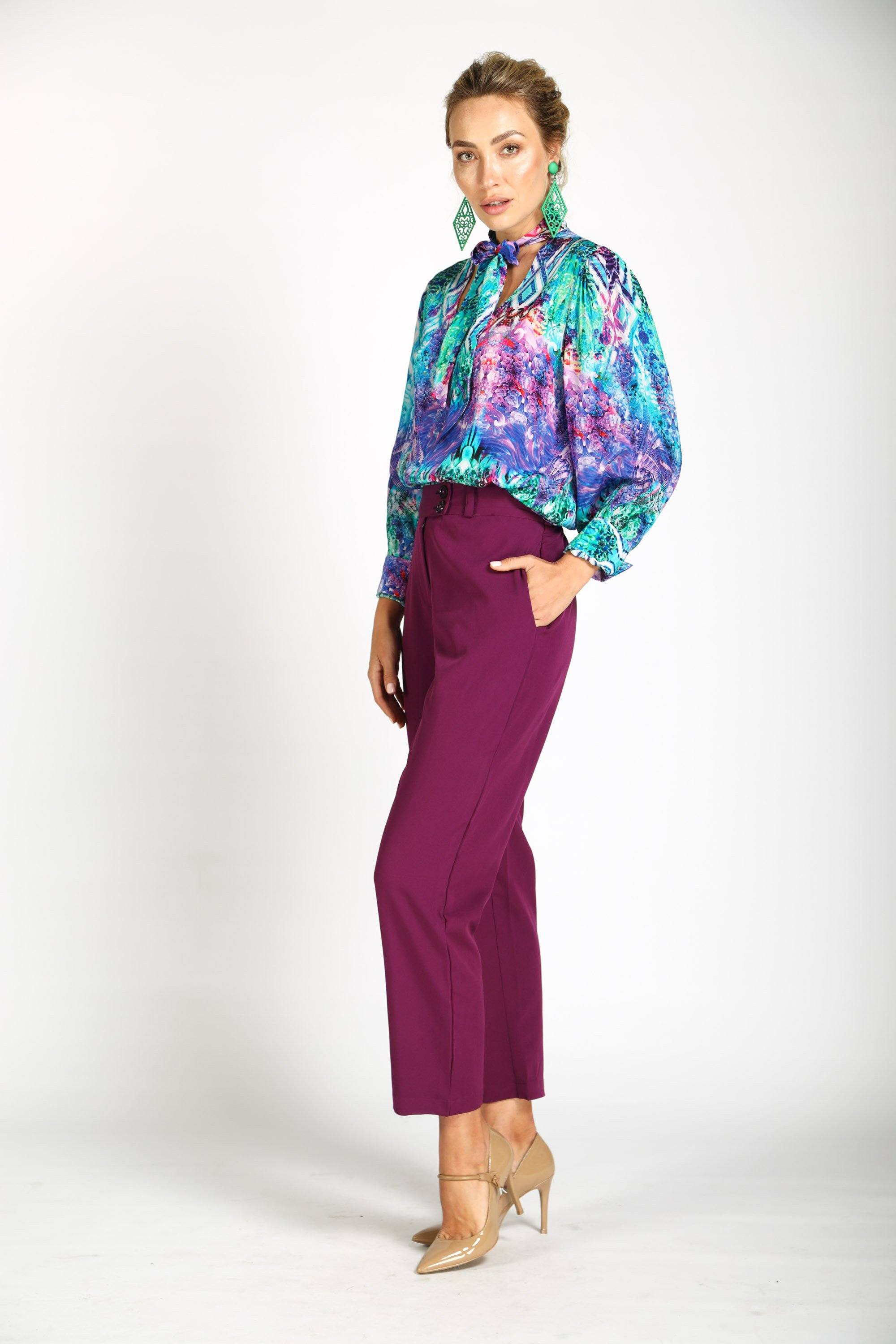 Side view of the Blue, White, Purple & Black, Red Indigo Summer Boheme Shirt With Neck Tie (TheSwankStore) Soft Viscose fabric