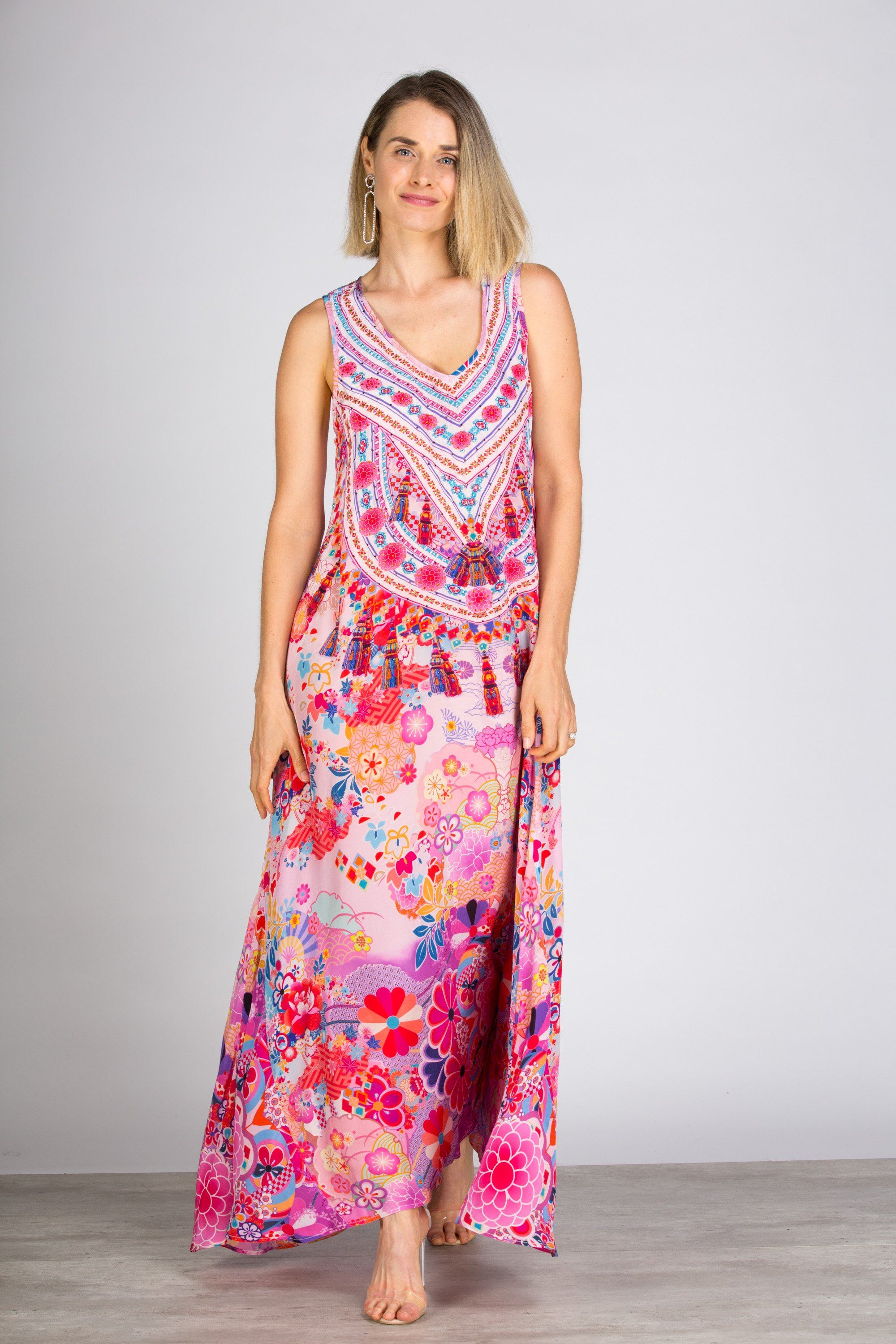 Cherry Blossom Flowing Maxi Dress from Bondi Resortwear styled as premium resort wear clothes for warm days