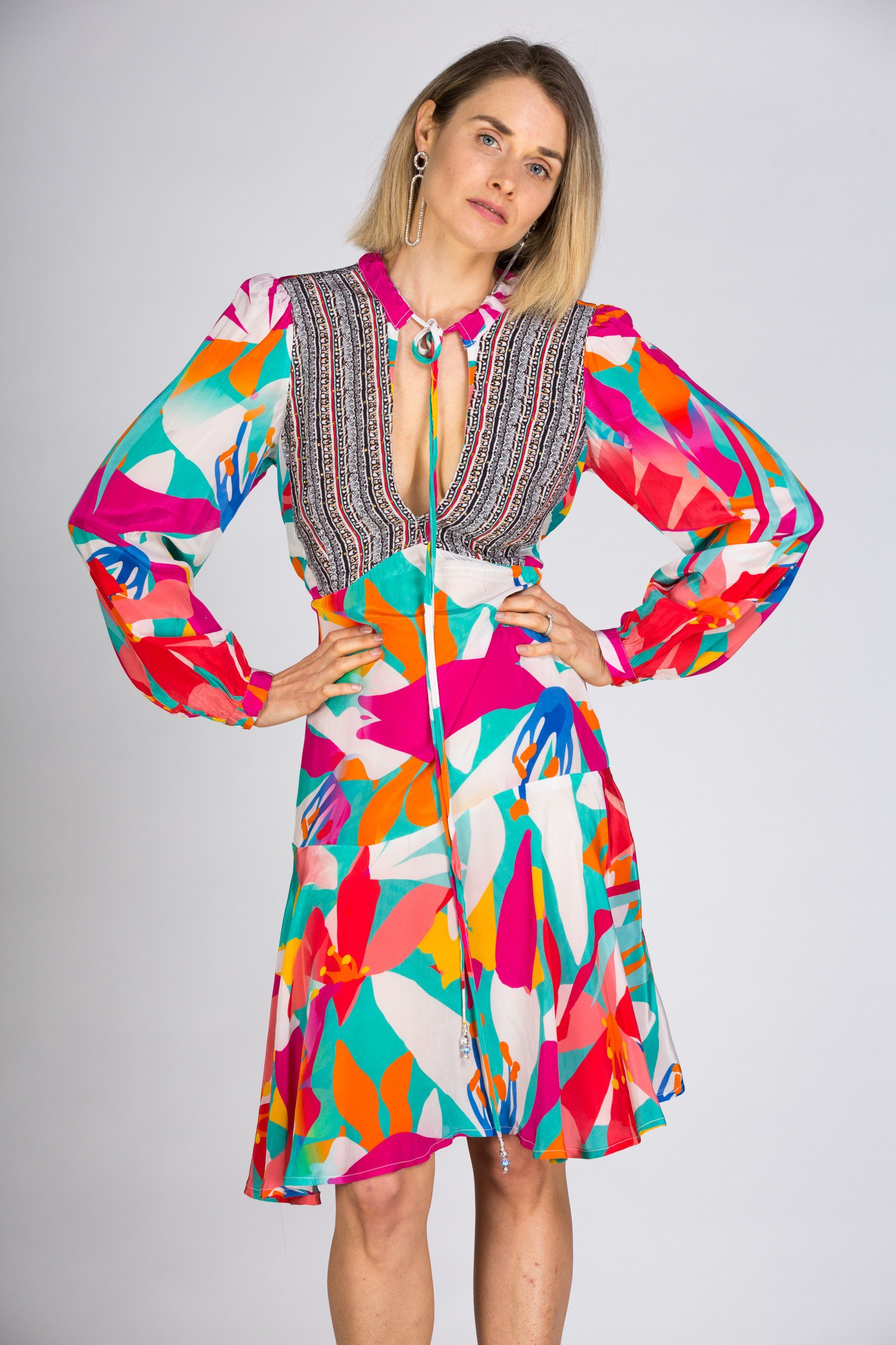 KALEIDOSCOPE - Boho Mini Dress With Bell Sleeve - TheSwankStore