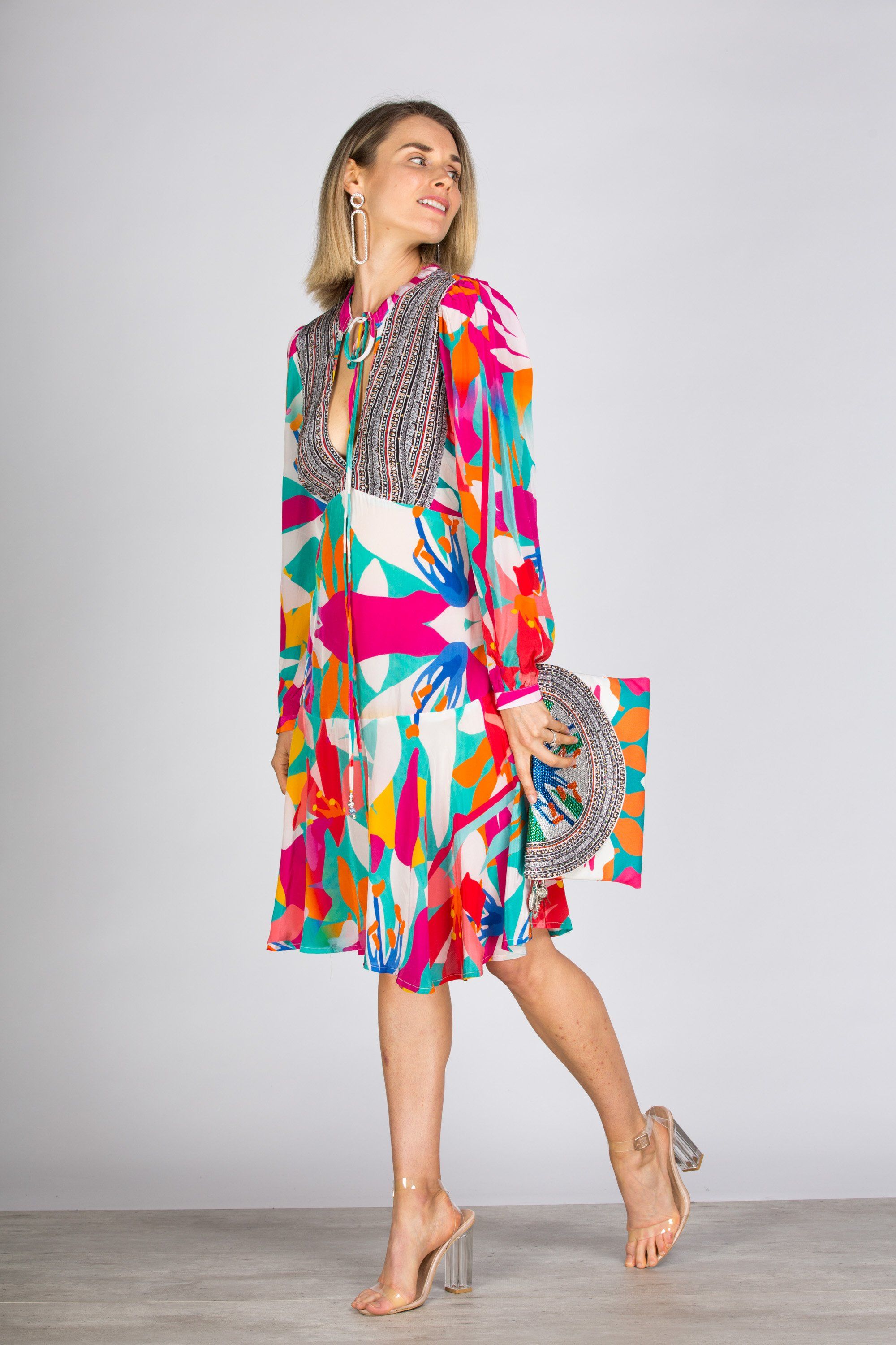 KALEIDOSCOPE - Boho Mini Dress With Bell Sleeve - TheSwankStore