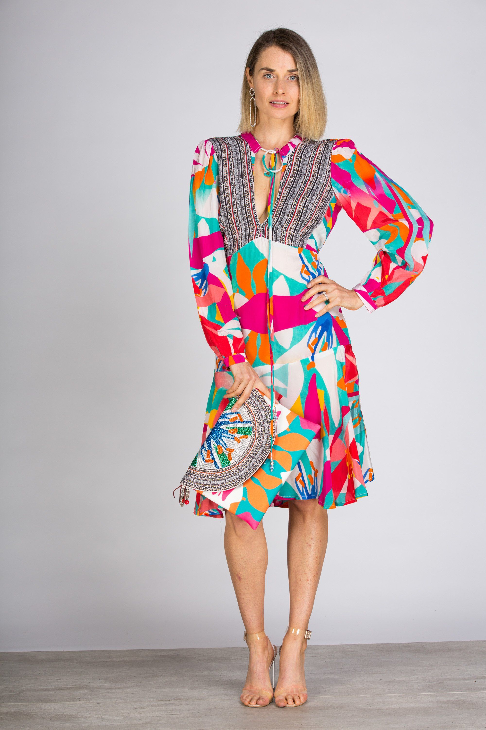 KALEIDOSCOPE - Boho Mini Dress With Bell Sleeve - TheSwankStore