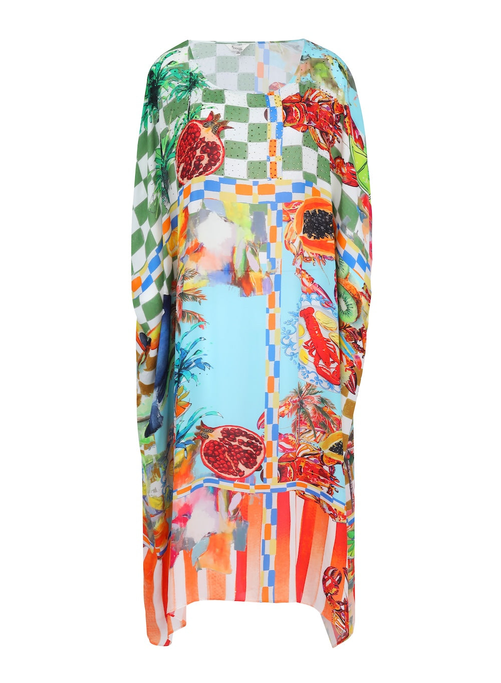 Front view of the Green, Yellow and Orange Lucciano Box Kaftan (TheSwankStore) Soft Viscose fabric