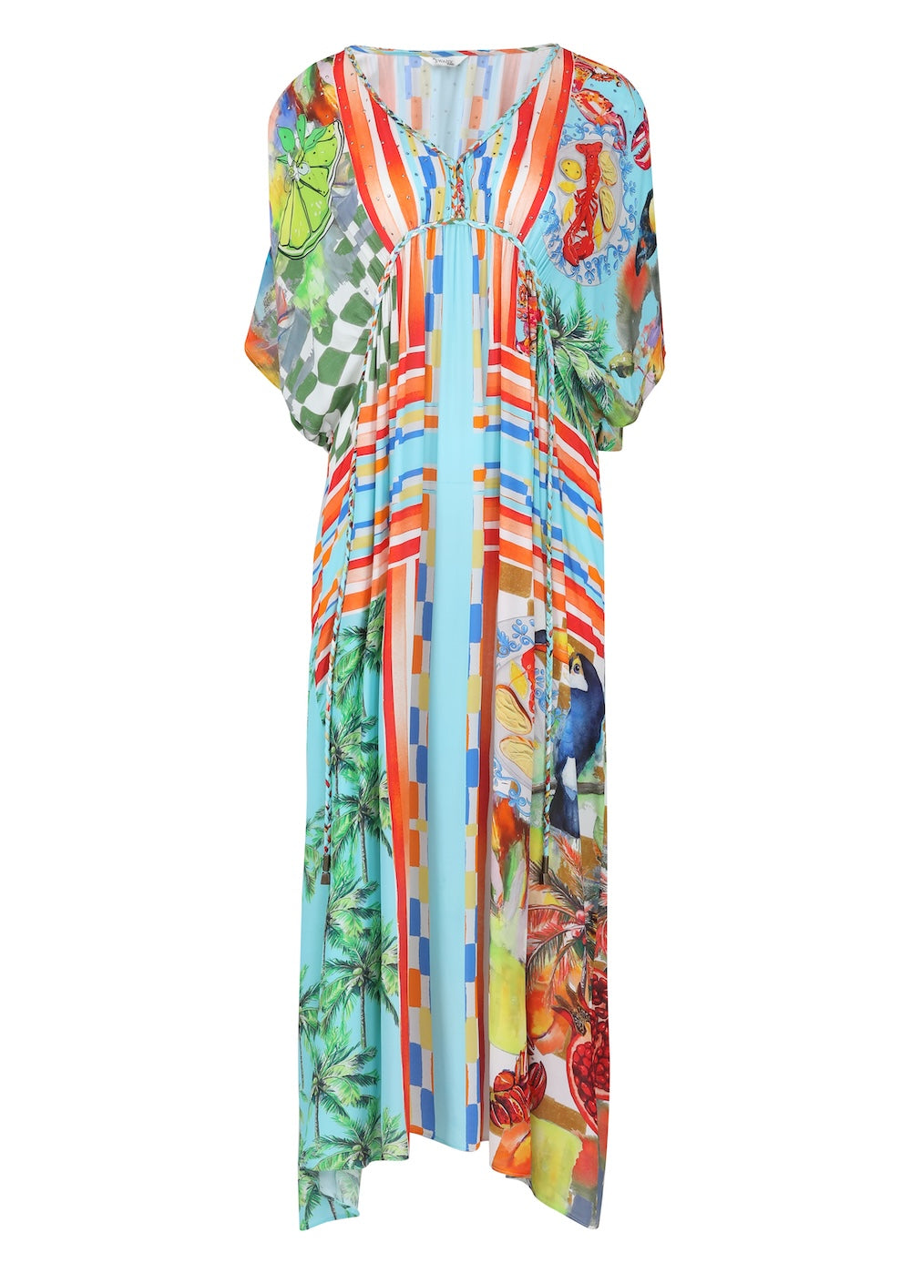 Front view of the Green, Yellow and Orange Lucciano Long Kaftan (TheSwankStore) Soft Viscose fabric