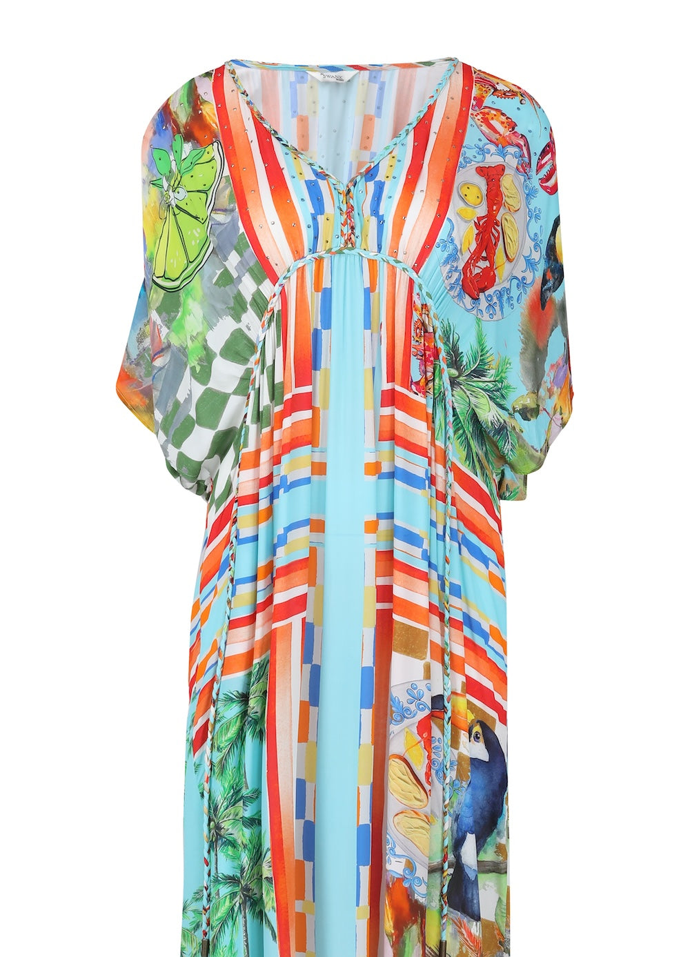 Front view of the Green, Yellow and Orange Lucciano Long Kaftan (TheSwankStore) Soft Viscose fabric