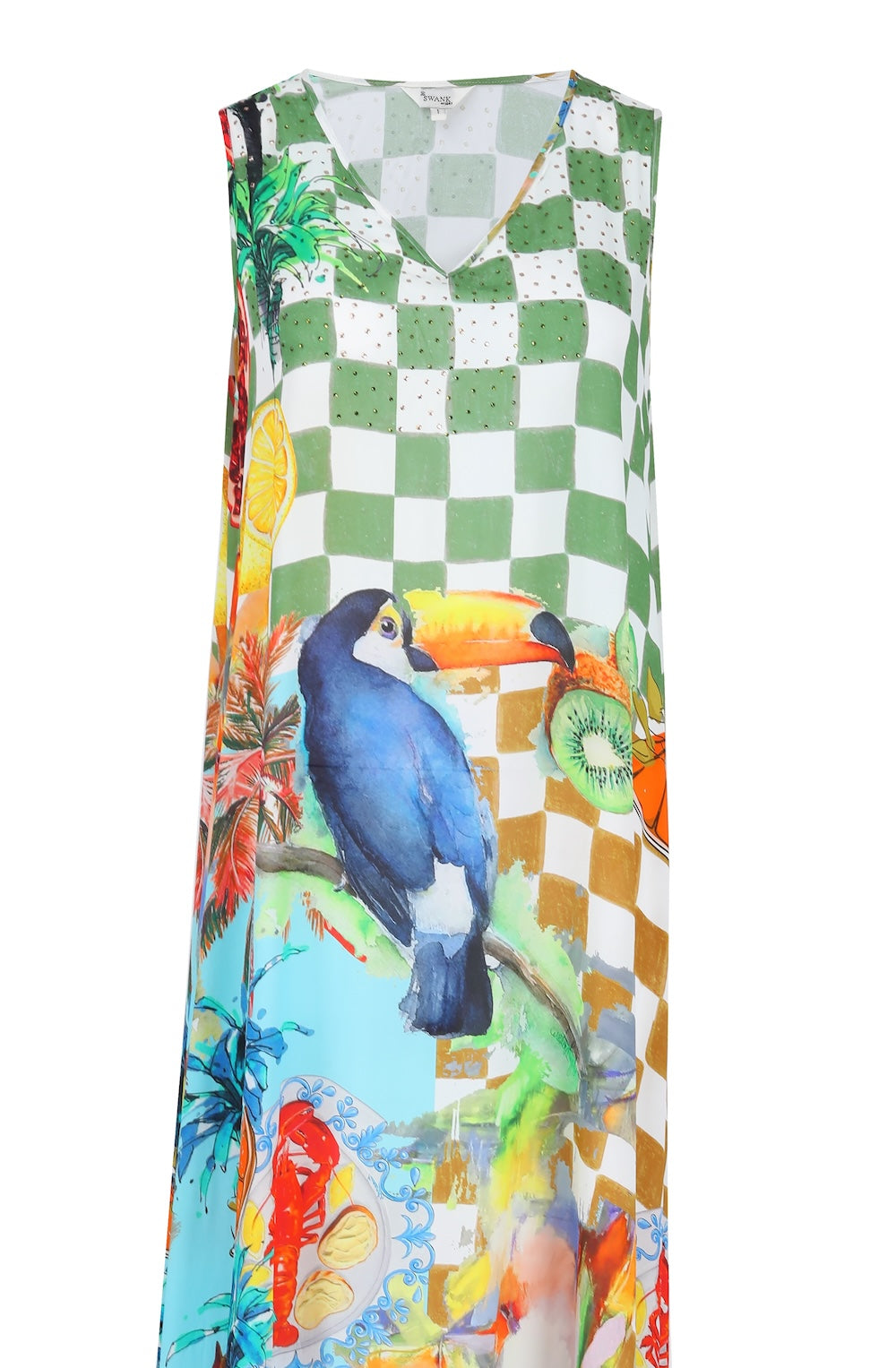 Front view of the Green, Yellow and Orange Lucciano Sleeveless Maxi Dress (TheSwankStore) Soft Viscose fabric