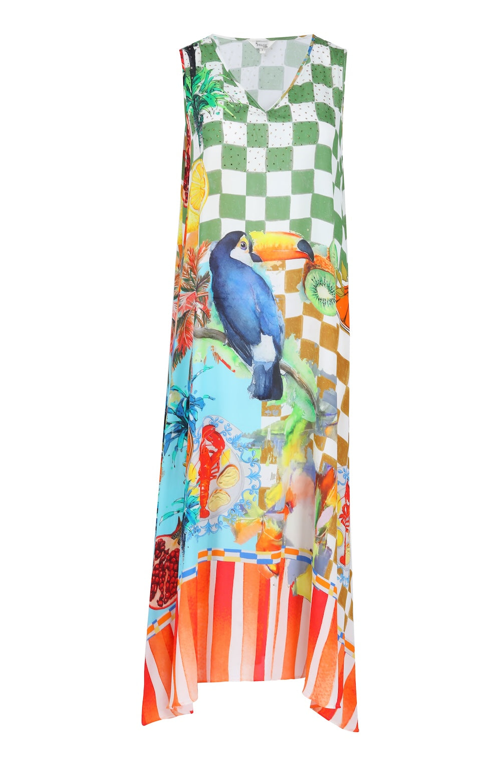 Front view of the Green, Yellow and Orange Lucciano Sleeveless Maxi Dress (TheSwankStore) Soft Viscose fabric